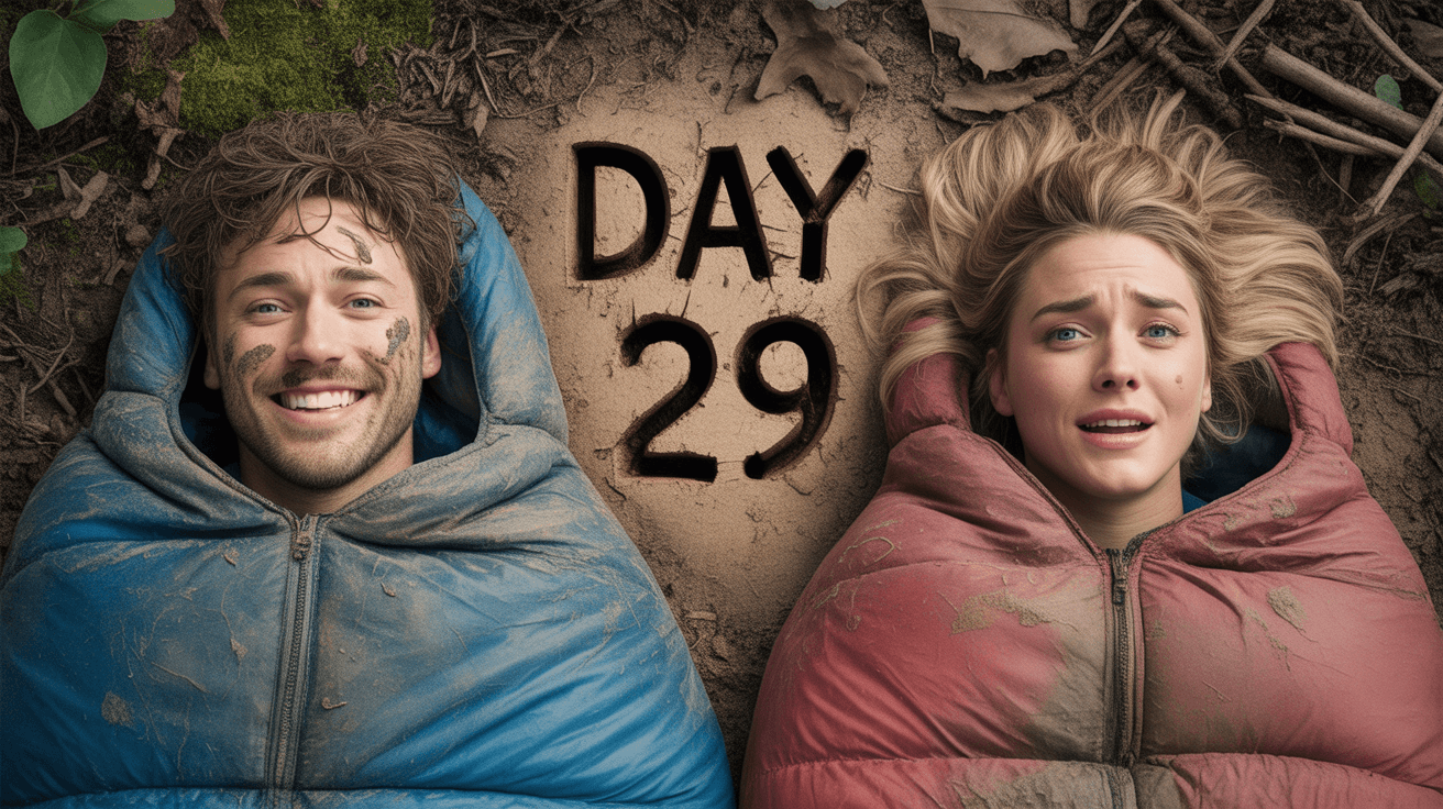 MrBeast-style survival challenge thumbnail with two muddy campers and DAY 29 dirt text