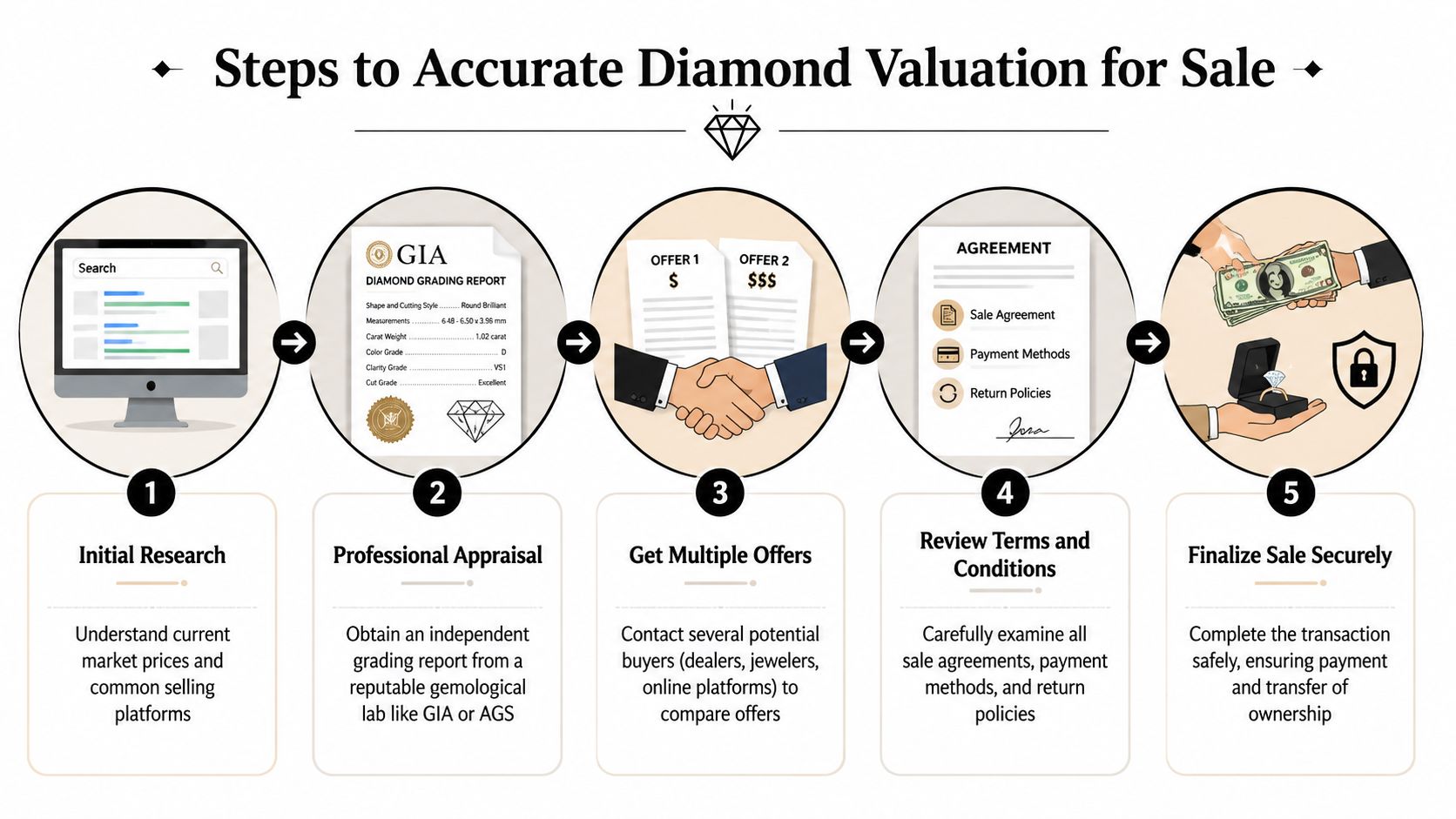 An infographic illustrating five essential steps for accurately valuing and selling a diamond safely.