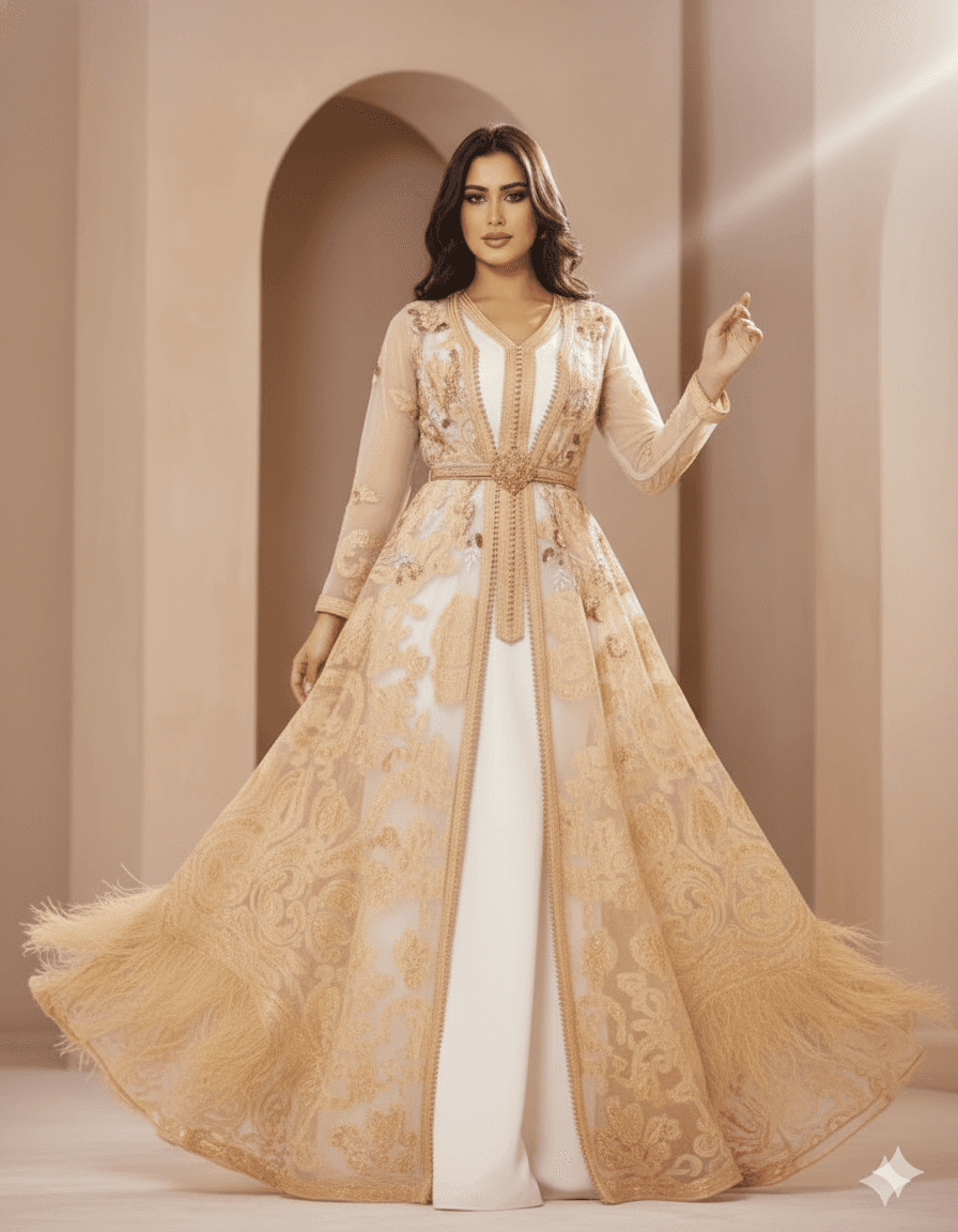 Beige and gold Moroccan caftan with intricate embroidery, handmade luxury caftan crafted in Morocco and Bahrain