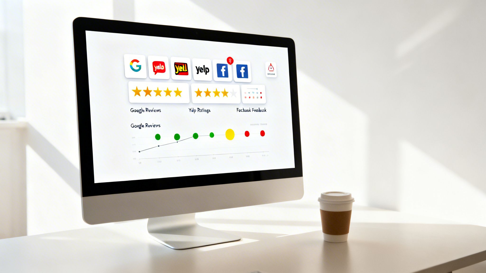 A computer screen displays an online reputation management dashboard with Google, Yelp, and Facebook reviews.