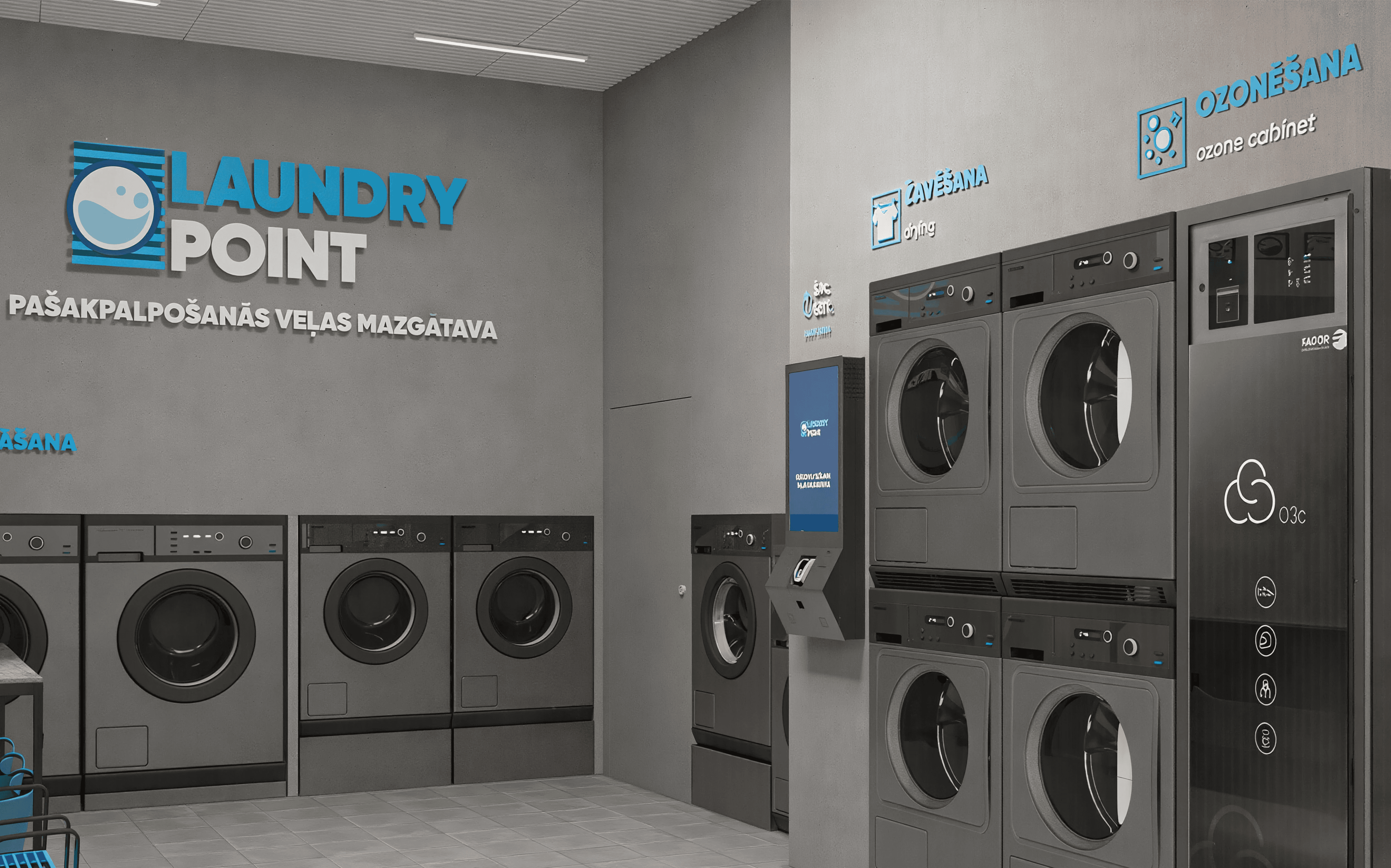 Laundry Point pašapkalpošanās veļas mazgātava ar profesionālām mazgāšanas un žāvēšanas iekārtām