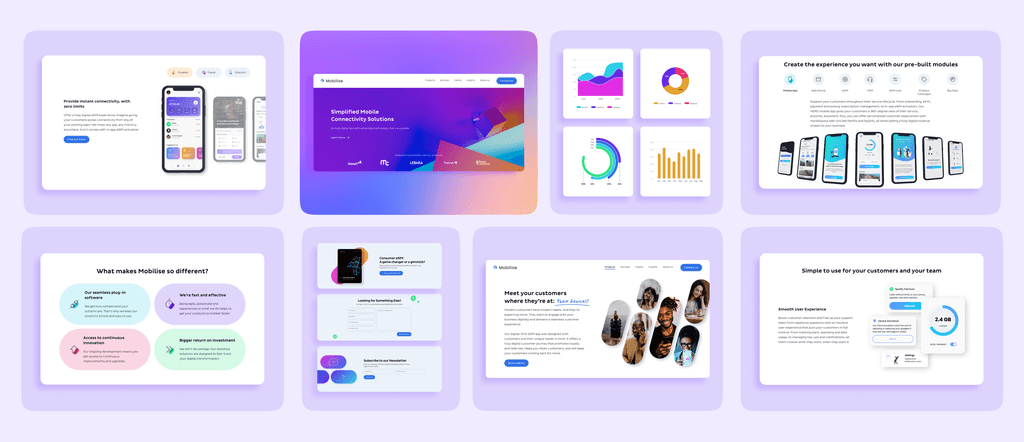 A series of interface designs for 'Mobilise', a digital platform specializing in mobile connectivity solutions. The top row features mobile app screens showcasing a digital SIM card service, a vibrant landing page with gradient colors, and various data visualization charts. The middle row presents key features such as seamless plug-in software, fast deployment, continuous innovation, and significant ROI, along with user testimonials and a newsletter subscription form. The bottom section highlights a user-friendly experience, displaying designs for managing data usage, notifications, and other user interactions.