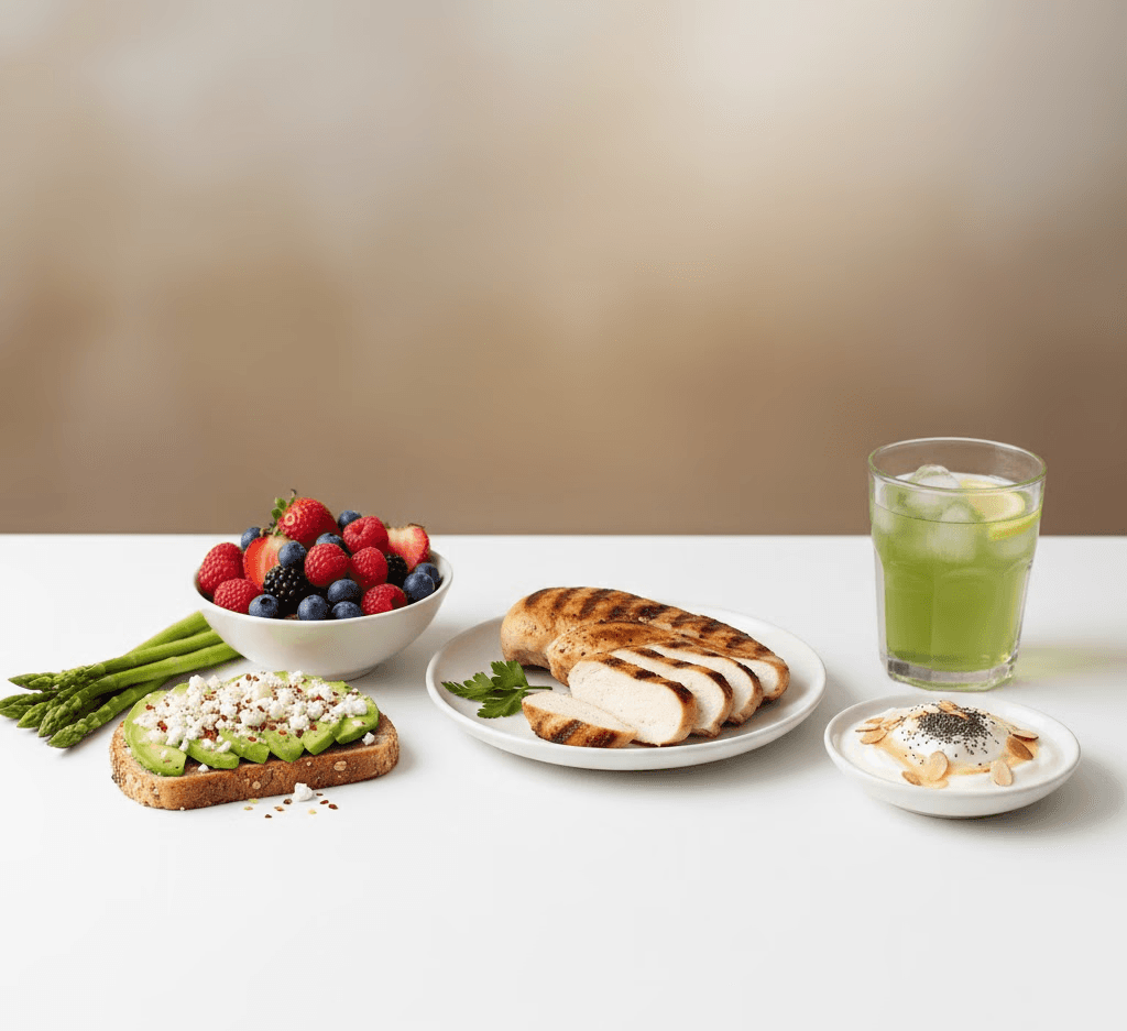 A healthy meal spread featuring grilled chicken breast, avocado toast with feta, a bowl of mixed berries, asparagus, yogurt with almonds, and a glass of iced green tea with lemon.