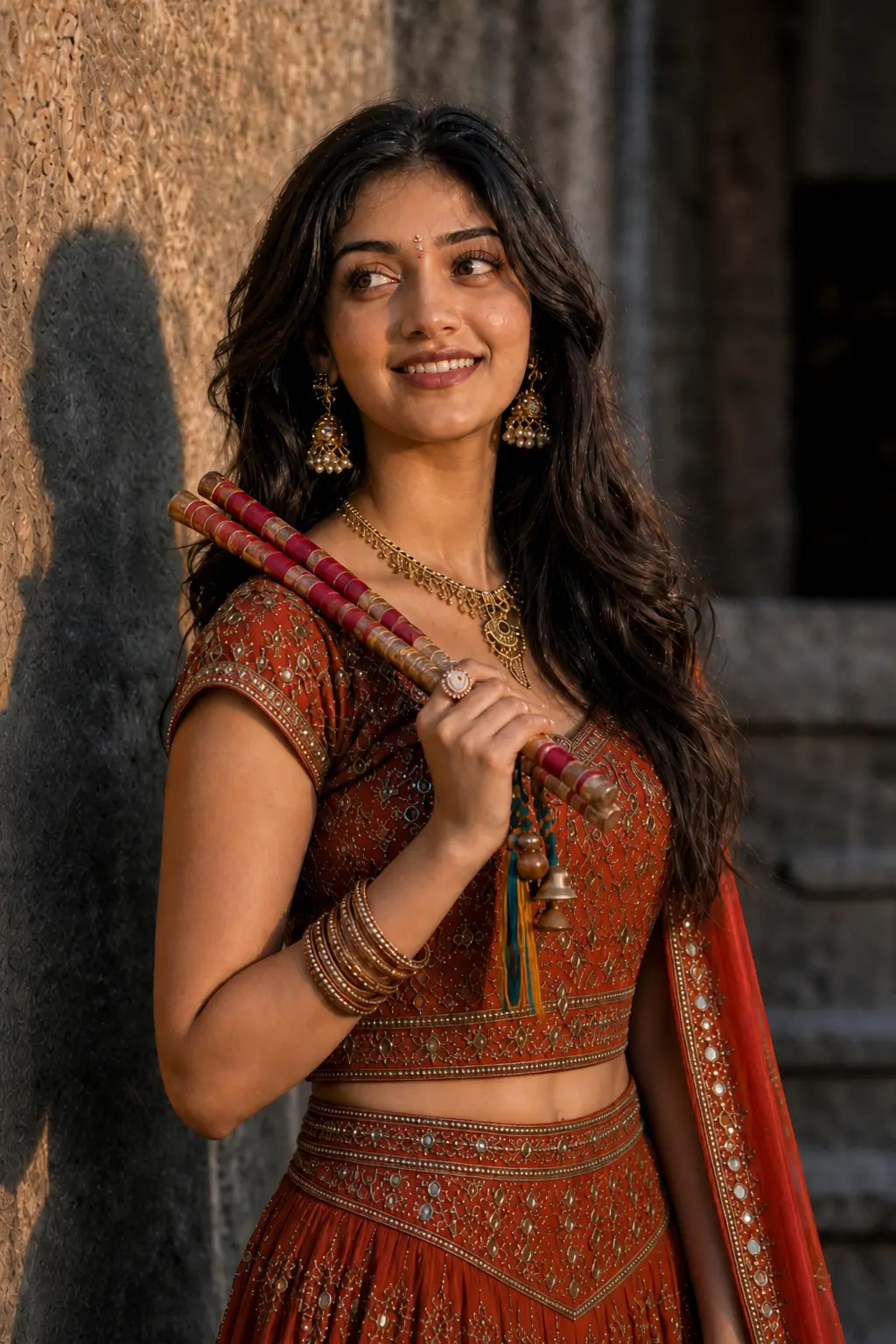 AI-generated traditional Indian fashion portrait of a smiling woman wearing festive attire with rich cultural styling.