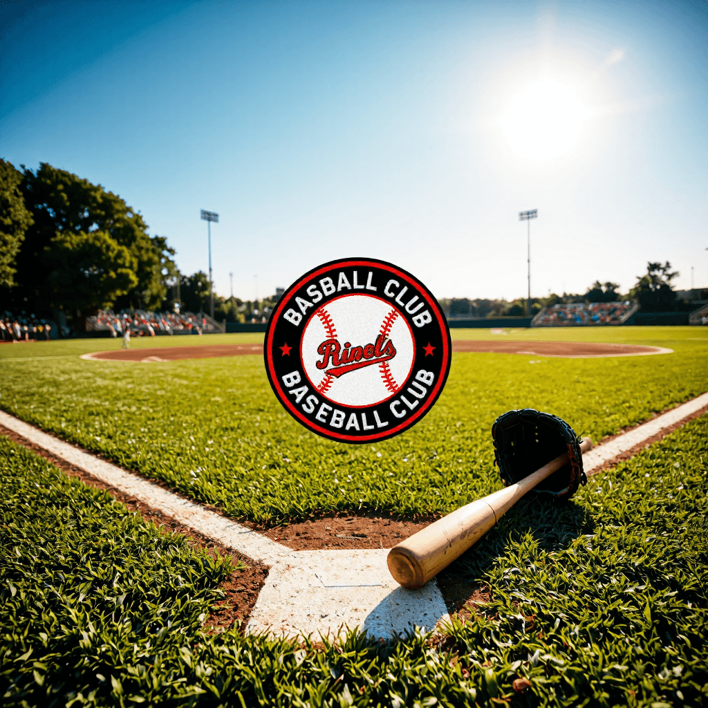 product photography of a round baseball club emblem patch