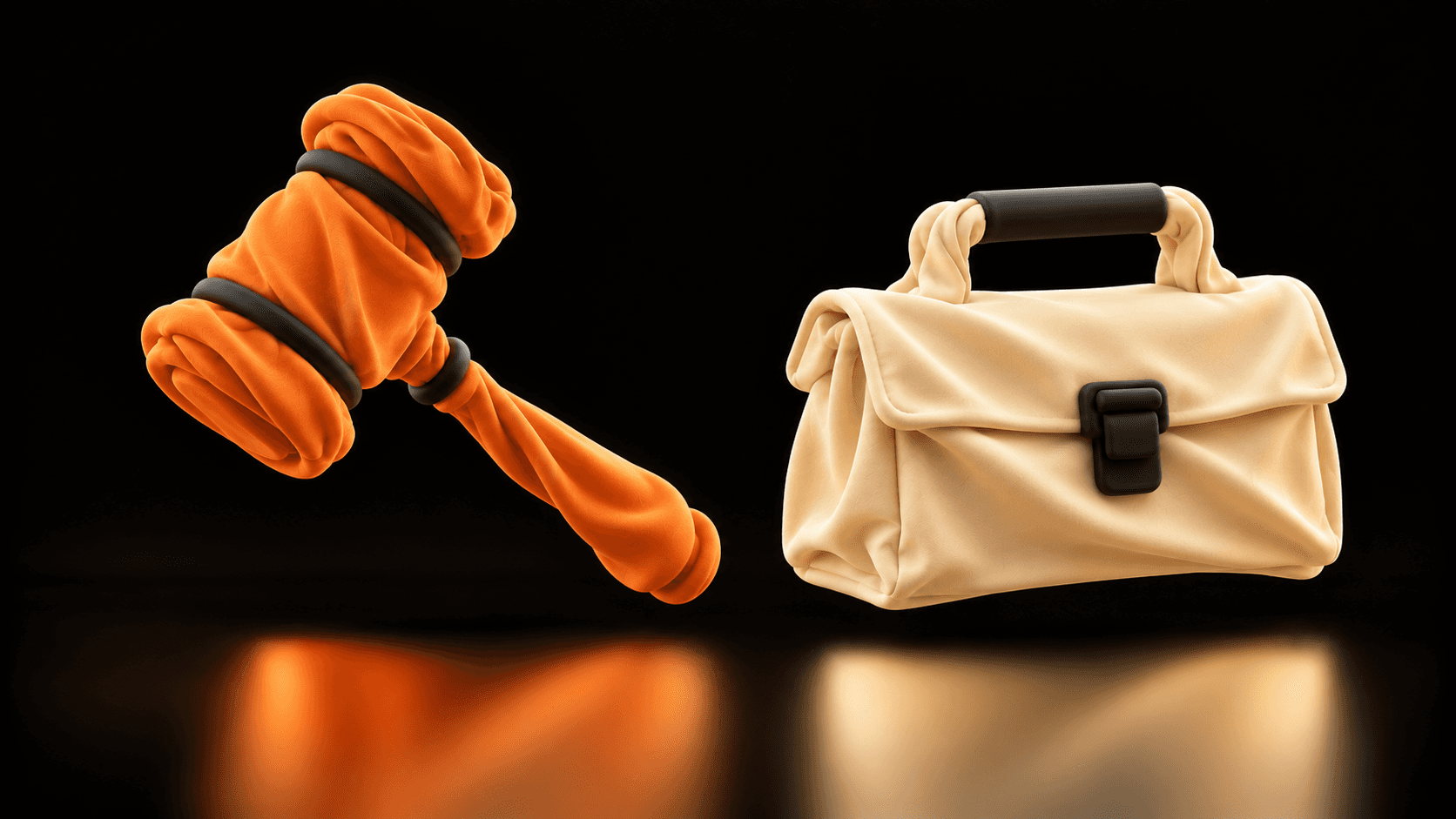 A separate orange cloth gavel and cream cloth toolbox, illustrating the difference between deciding and carrying out work