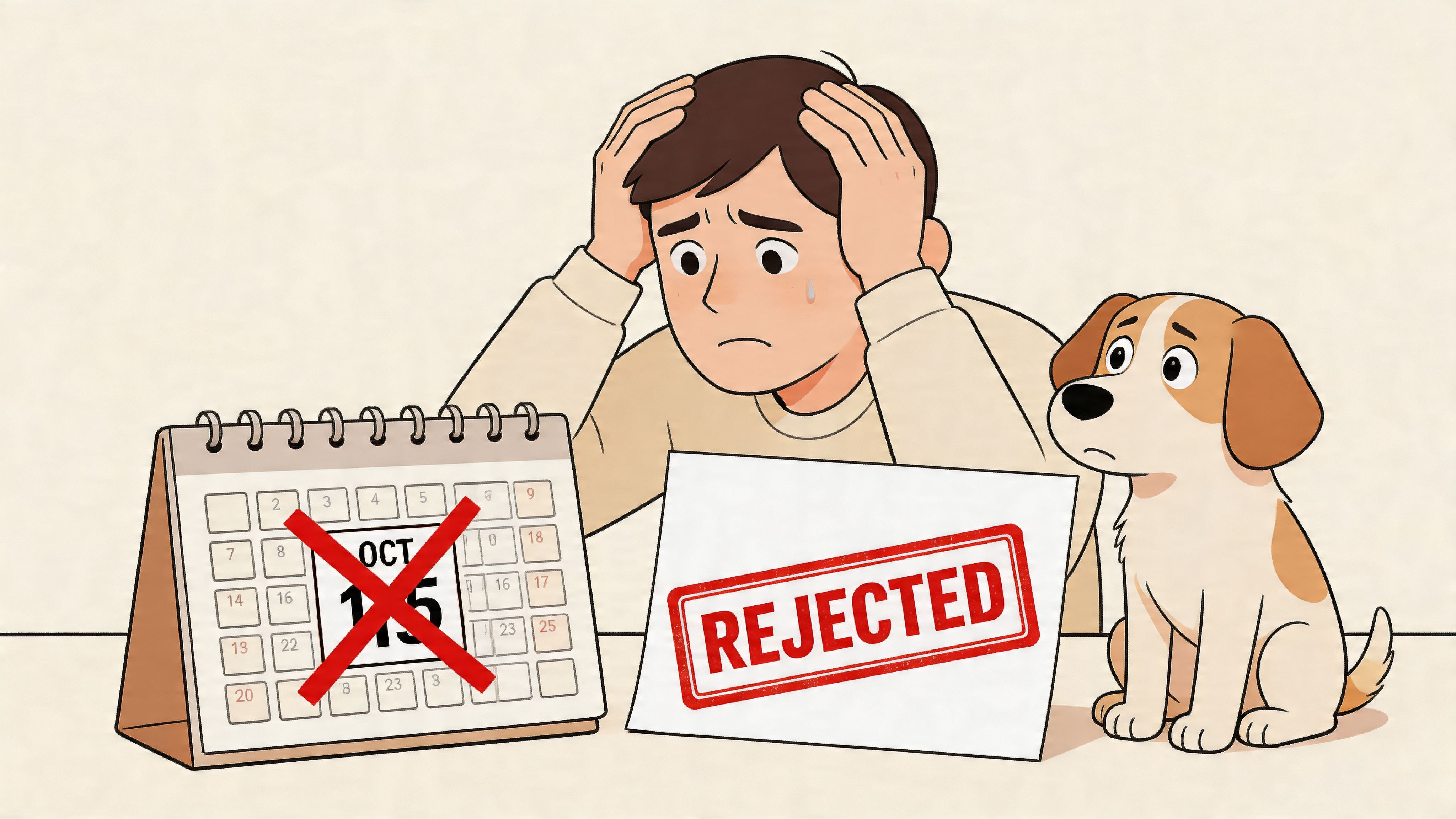 A worried man and his dog look at a rejected application on a calendar marked October 15th.