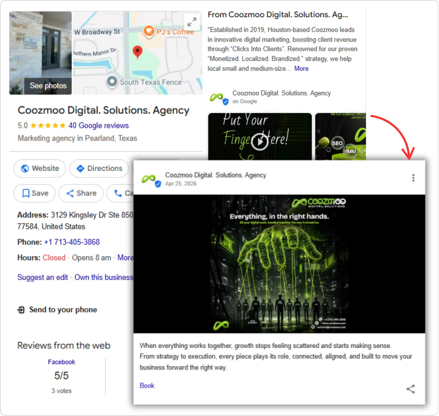 Google Business Profile and post example for Coozmoo Digital Solutions Agency.
