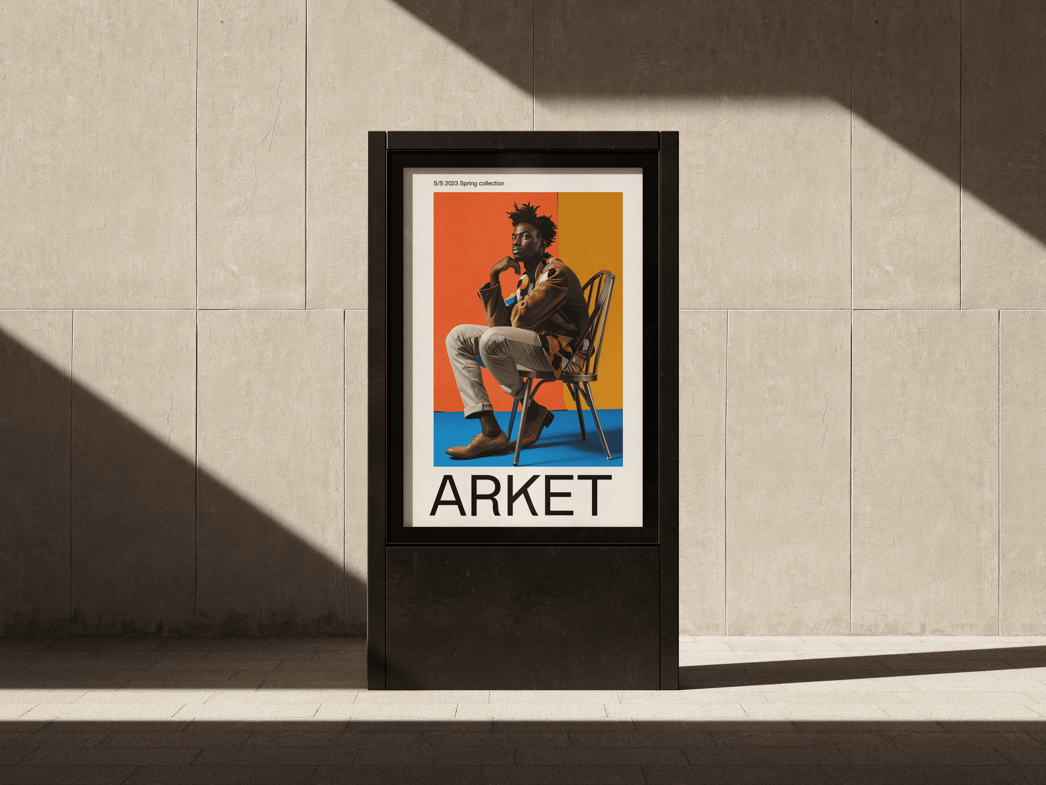 Outdoor poster for Arket seasonal campaign featuring bold typography and fashion photography in natural daylight