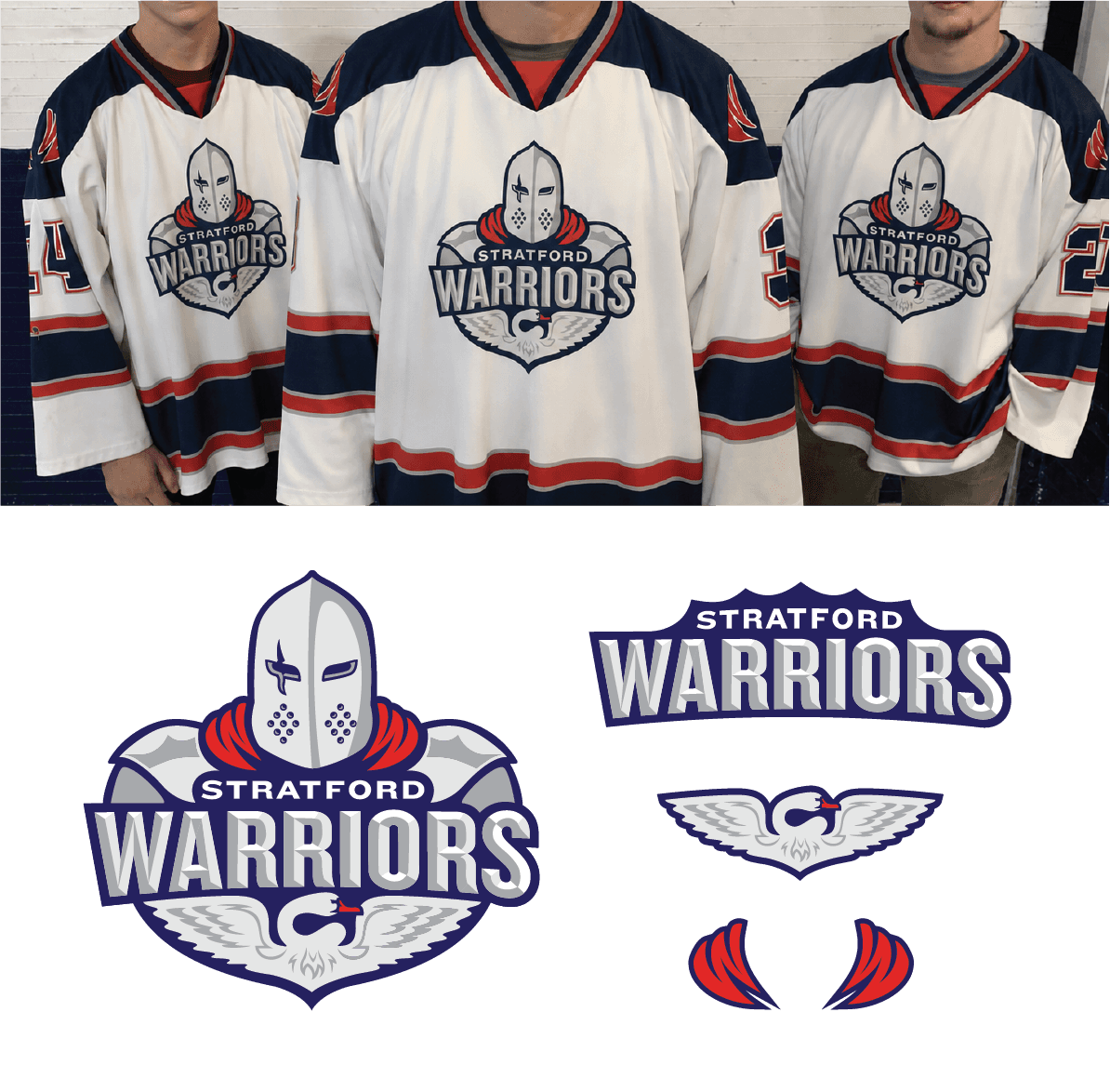 Three Stratford Warriors players wearing team jerseys