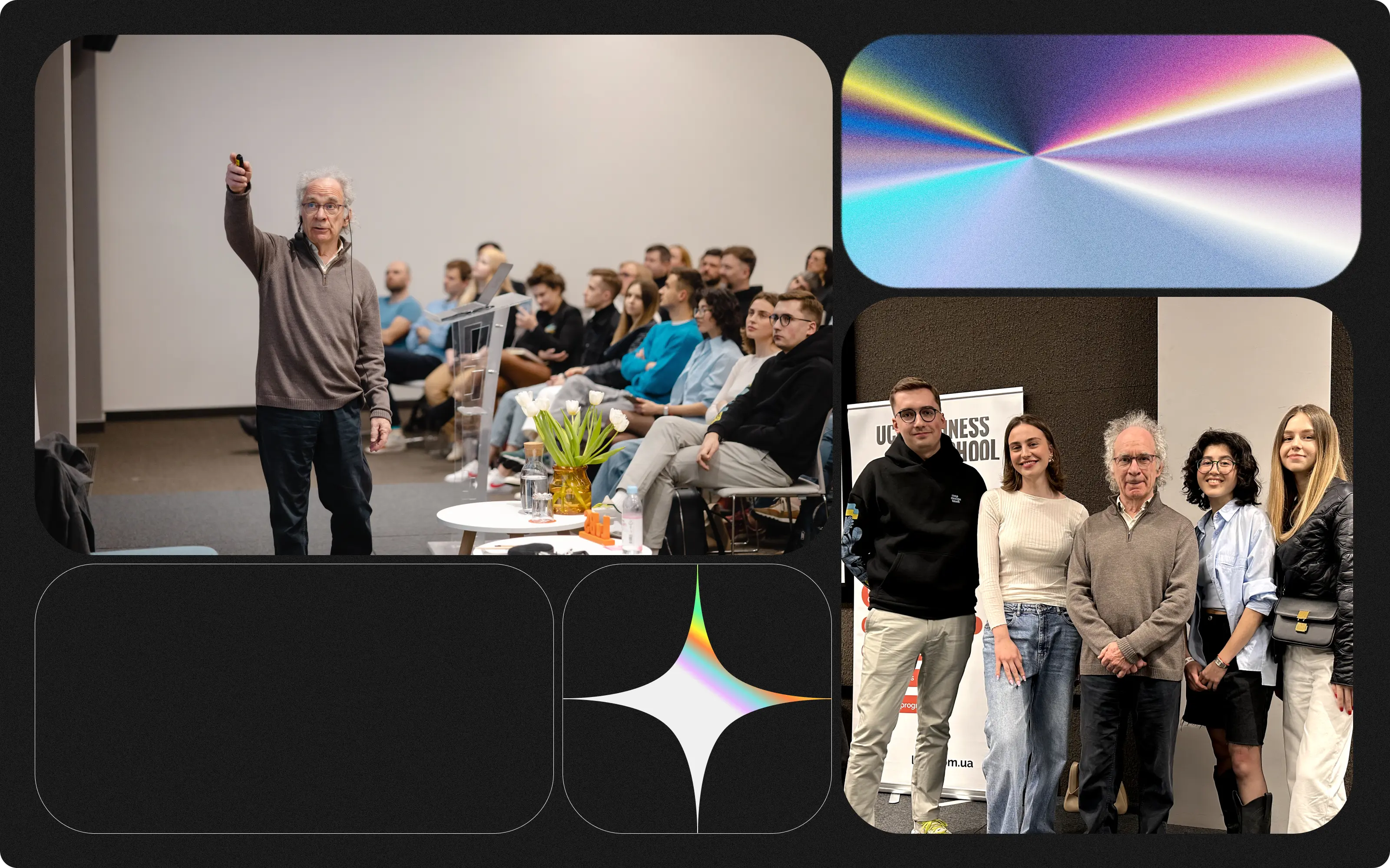 This image is a collage with three distinct sections. On the left, a man is standing and giving a lecture to an audience in a seminar setting. He's holding a remote, likely for a presentation, and gesturing towards the audience, who appear attentive. The central top section shows an abstract, colorful light diffraction pattern. On the right, the same man from the left section is posing with four young adults—two males and two females—smiling for a group photo in front of a banner that reads "UCU Business School." The backdrop and clothing styles suggest a formal or educational event. The two bottom sections are blacked out, providing a frame-like effect for the other images.