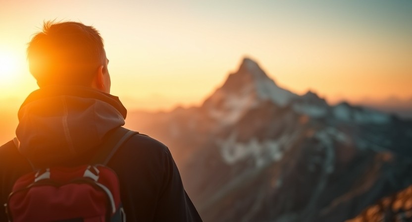 mountaineer starting at his next peak, with sunshine setting over the mountains.