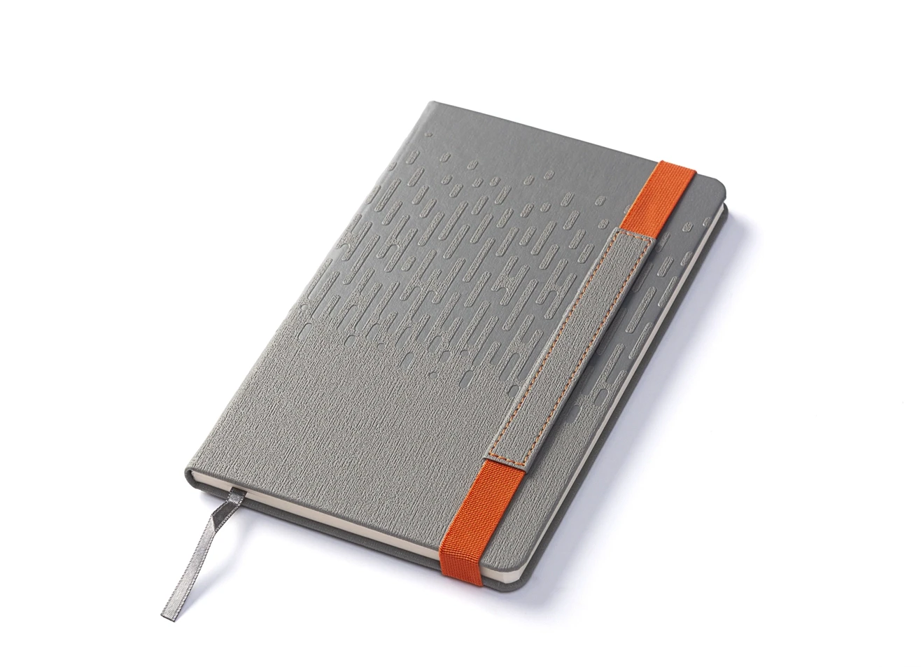 Angled view of grey textured notebook with orange strap and bookmark.