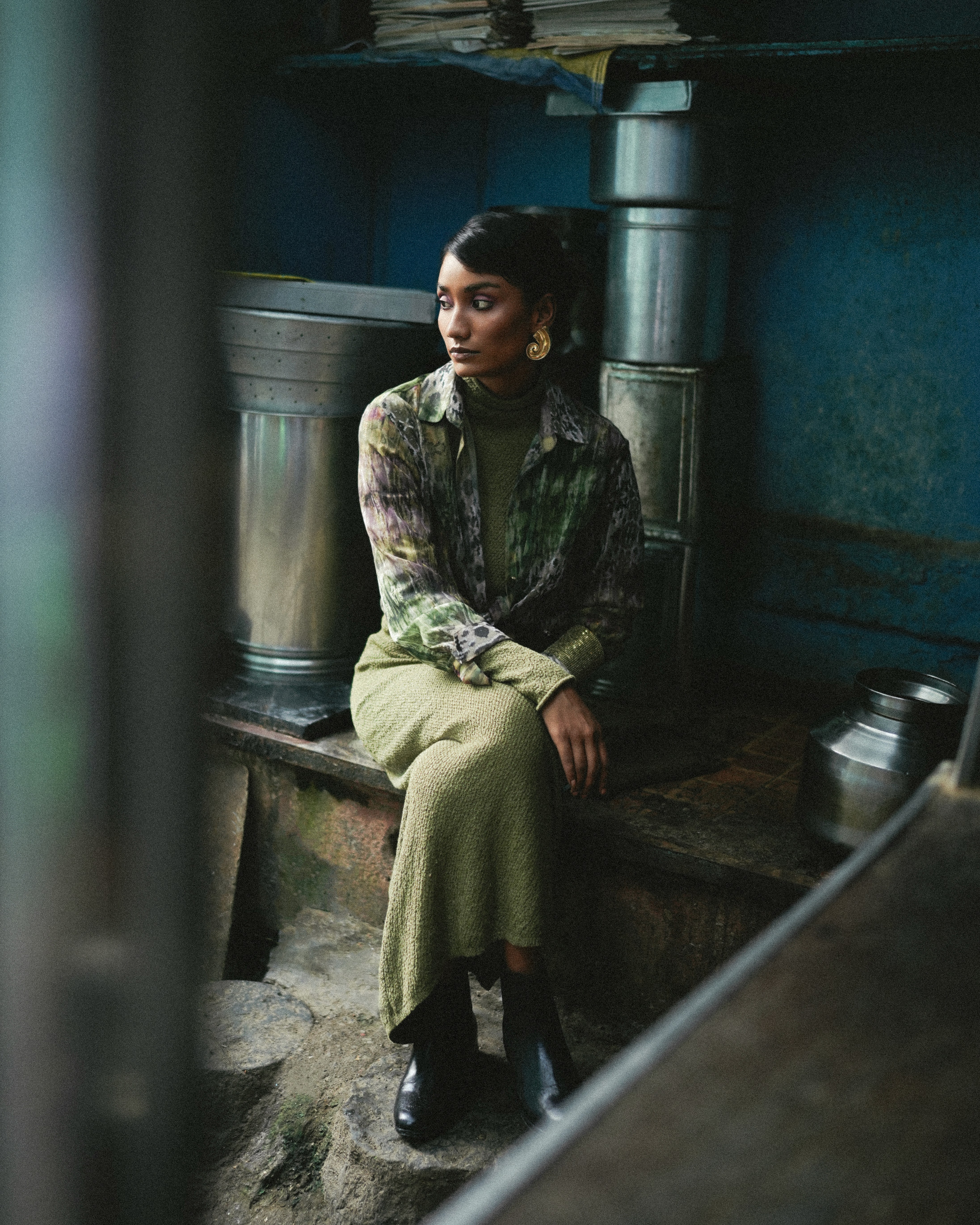 Astronaut surrounded by blurred crowd in black and white