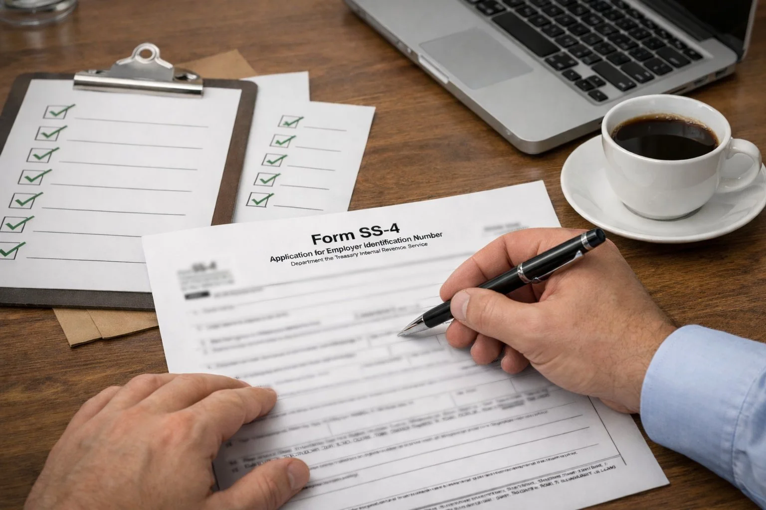 Hands filling out Form SS-4 with a pen, showing how to apply for an EIN in Great Neck Estates, NY.