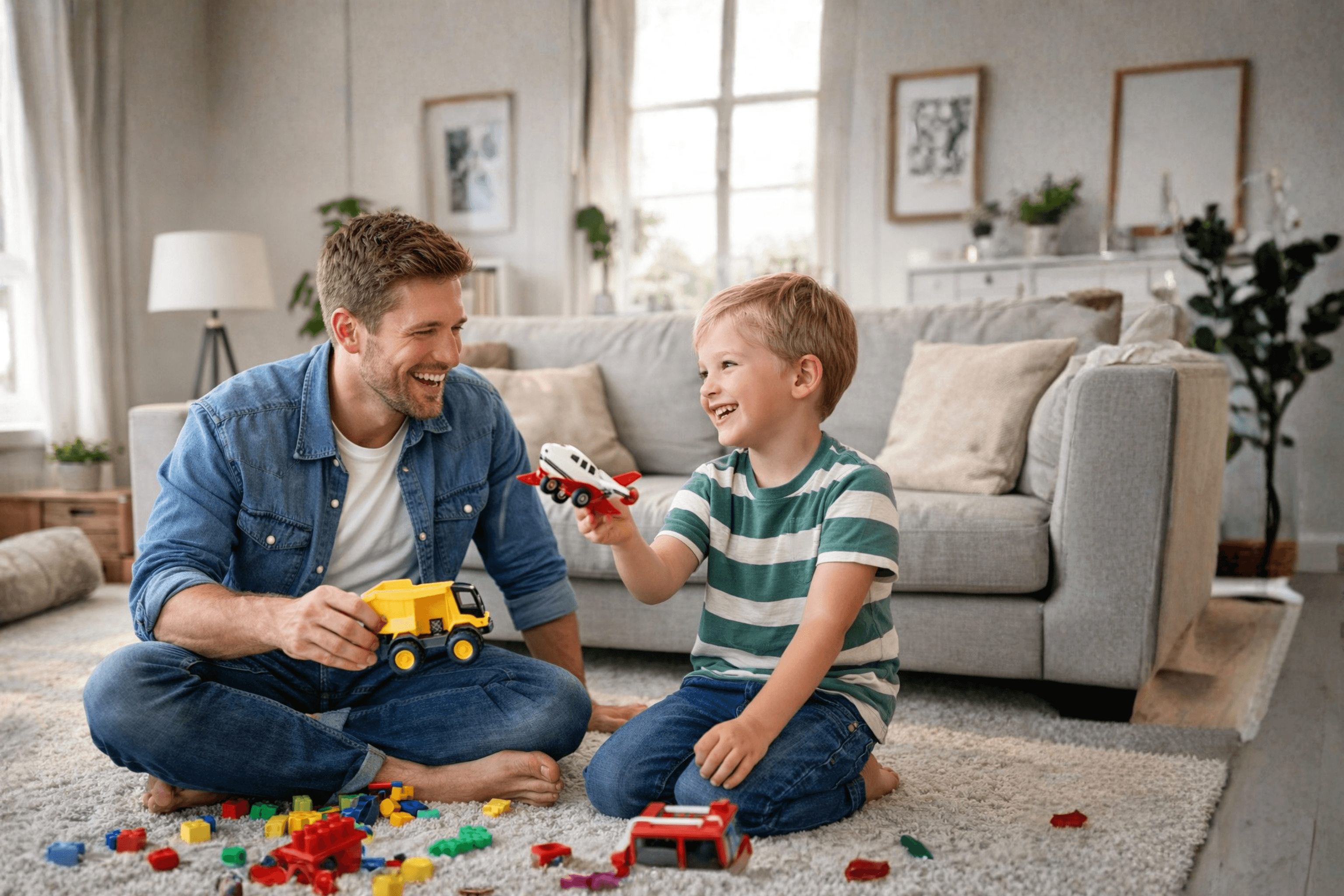 Vater spielt mit seinem Kind im Wohnzimmer ihres Eigenheims. Glückliche Familie im eigenen Haus nach erfolgreicher Baufinanzierung und Immobilienkredit.