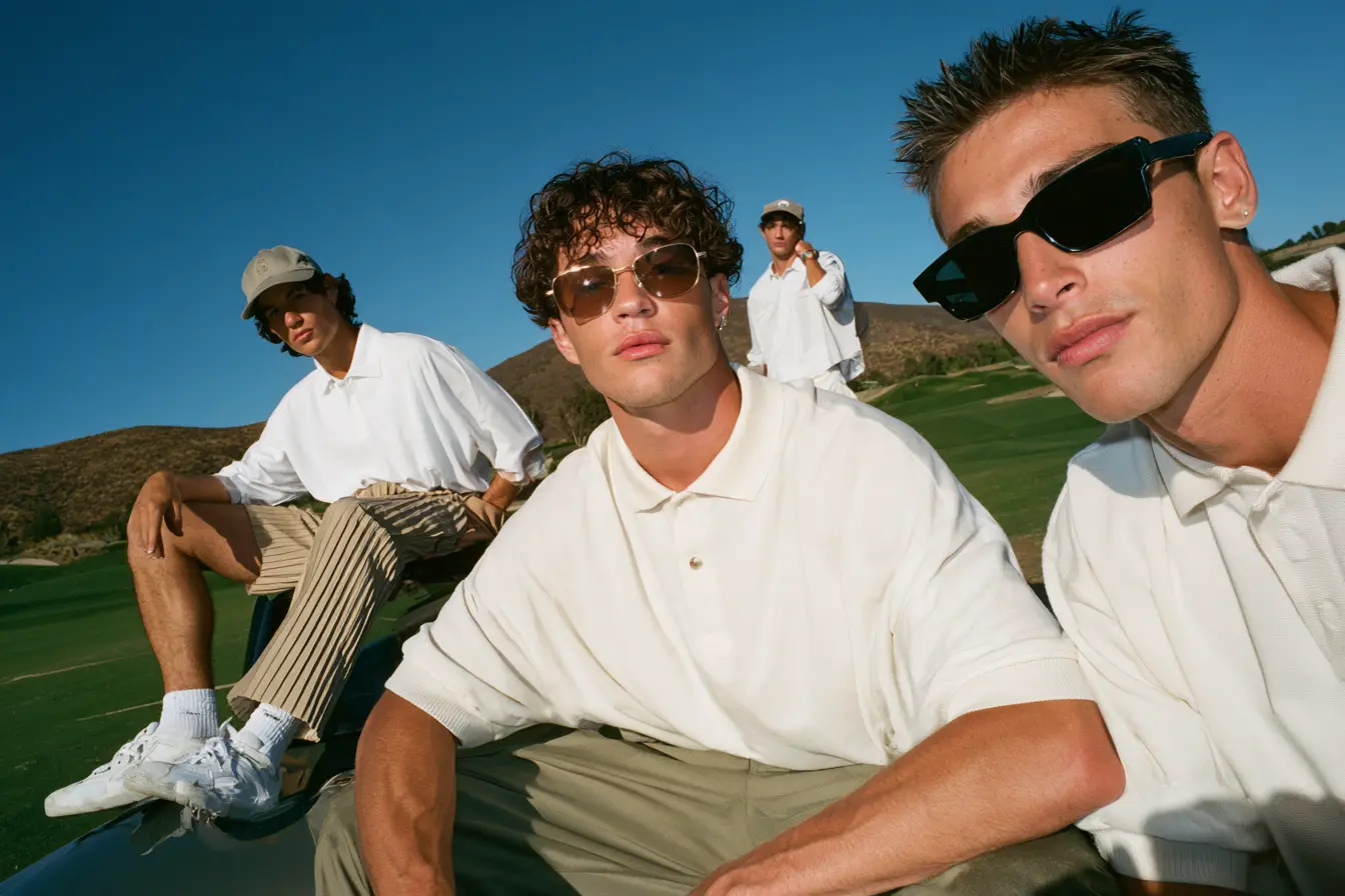 Four young models in cream golf polos and designer sunglasses lounging on a golf course at golden hour, premium lifestyle golf fashion