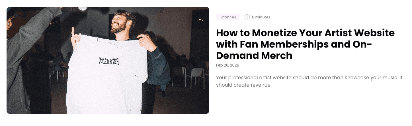 Image of a blog post titled "How to Monetize Your Artist Website with Fan Memberships and On-Demand Merch"