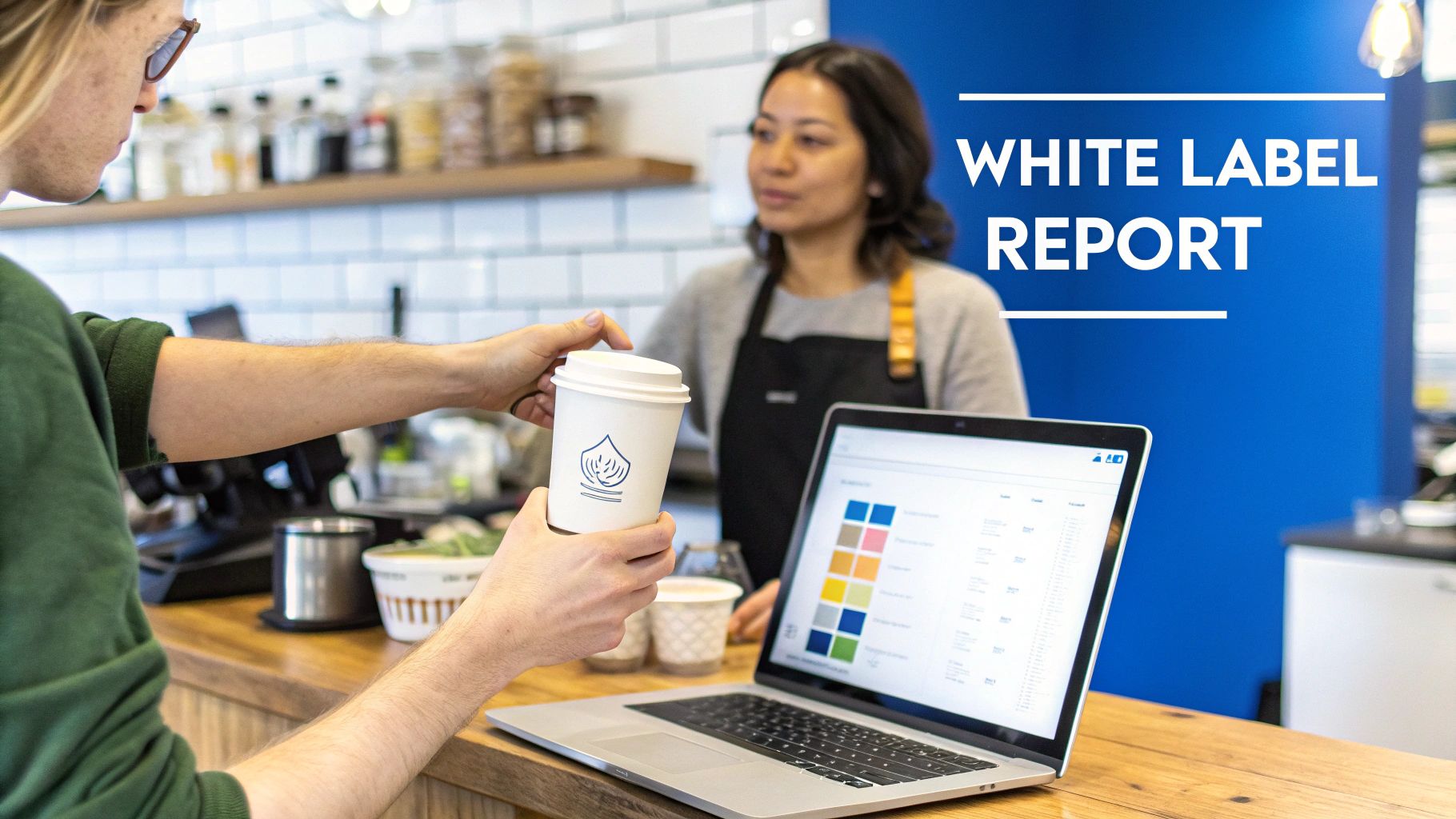A customer receives a branded coffee from a barista, with a laptop displaying a report, emphasizing 