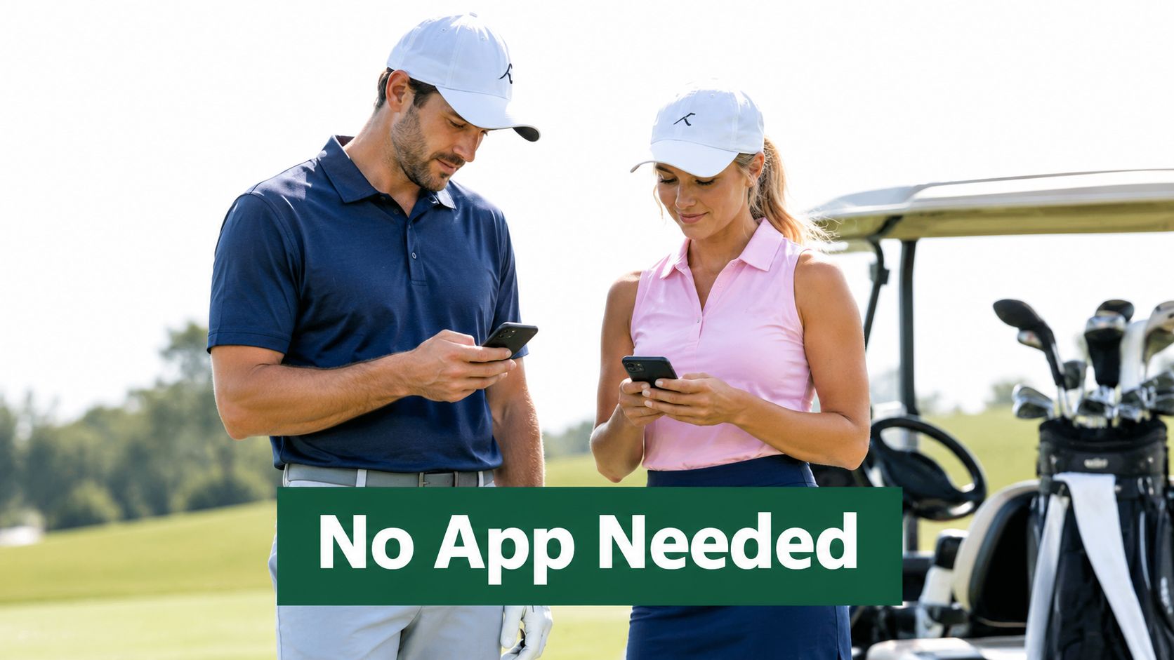 A man and woman in golf attire using their smartphones on a sunny golf course.