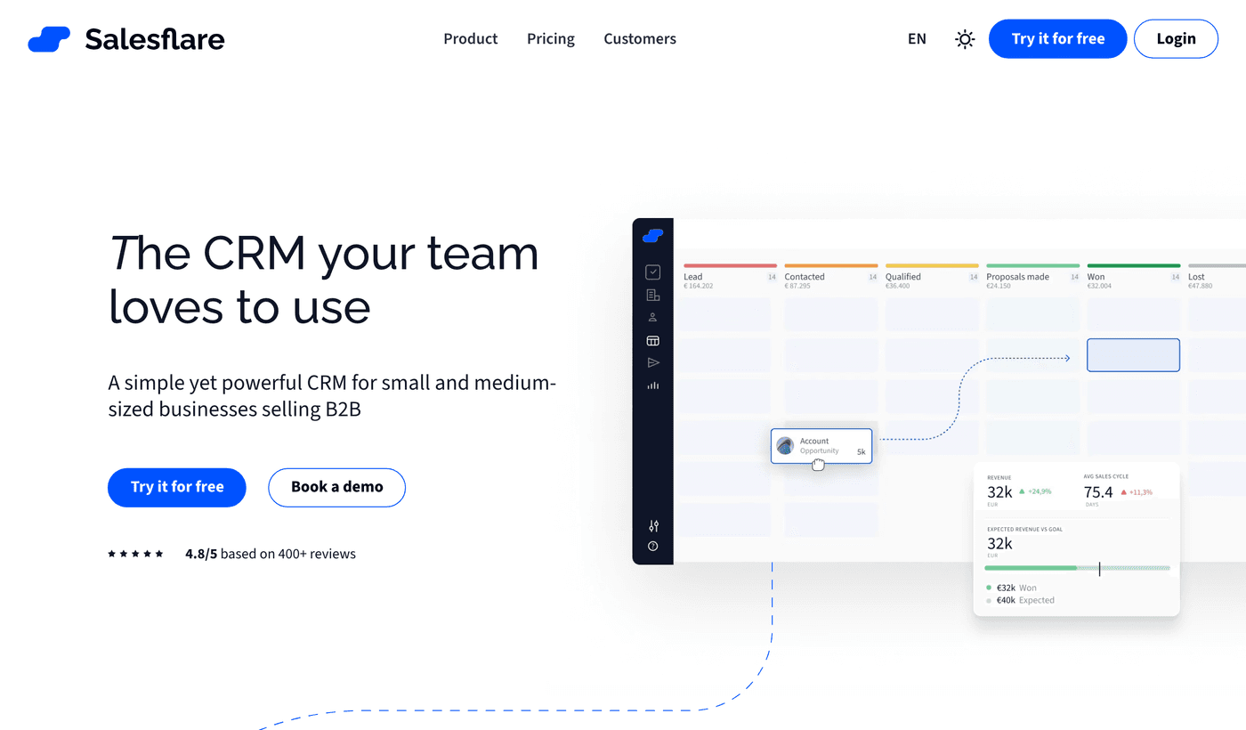 Salesflare landing page: a simple yet powerful CRM for small and medium B2B teams