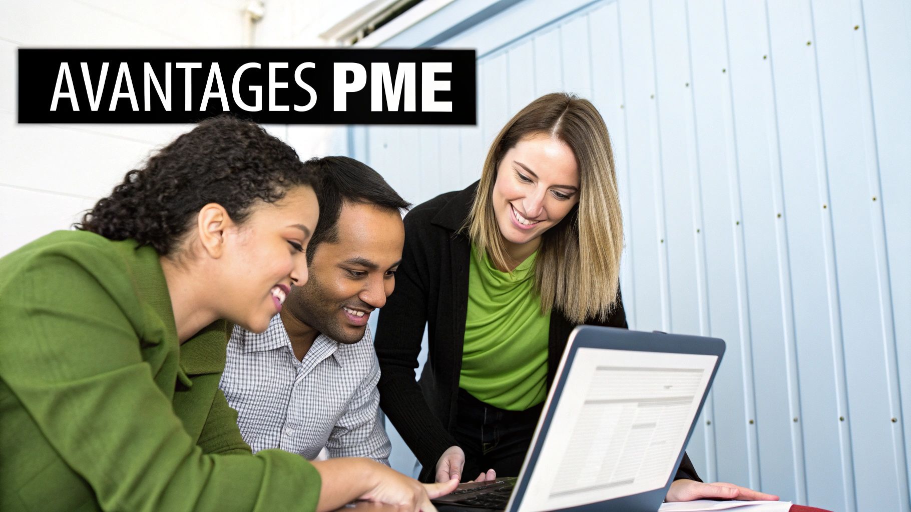 Trois professionnels collaborant ensemble devant un ordinateur portable dans un bureau moderne