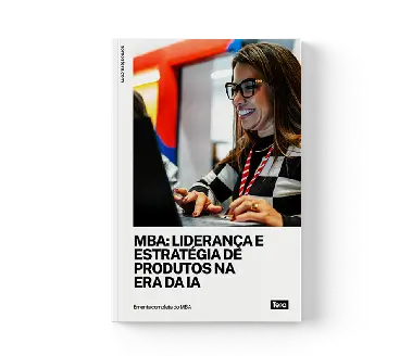 Mulher digitando em um laptop, focada em seu trabalho, com um fundo colorido e um documento aberto exibido.