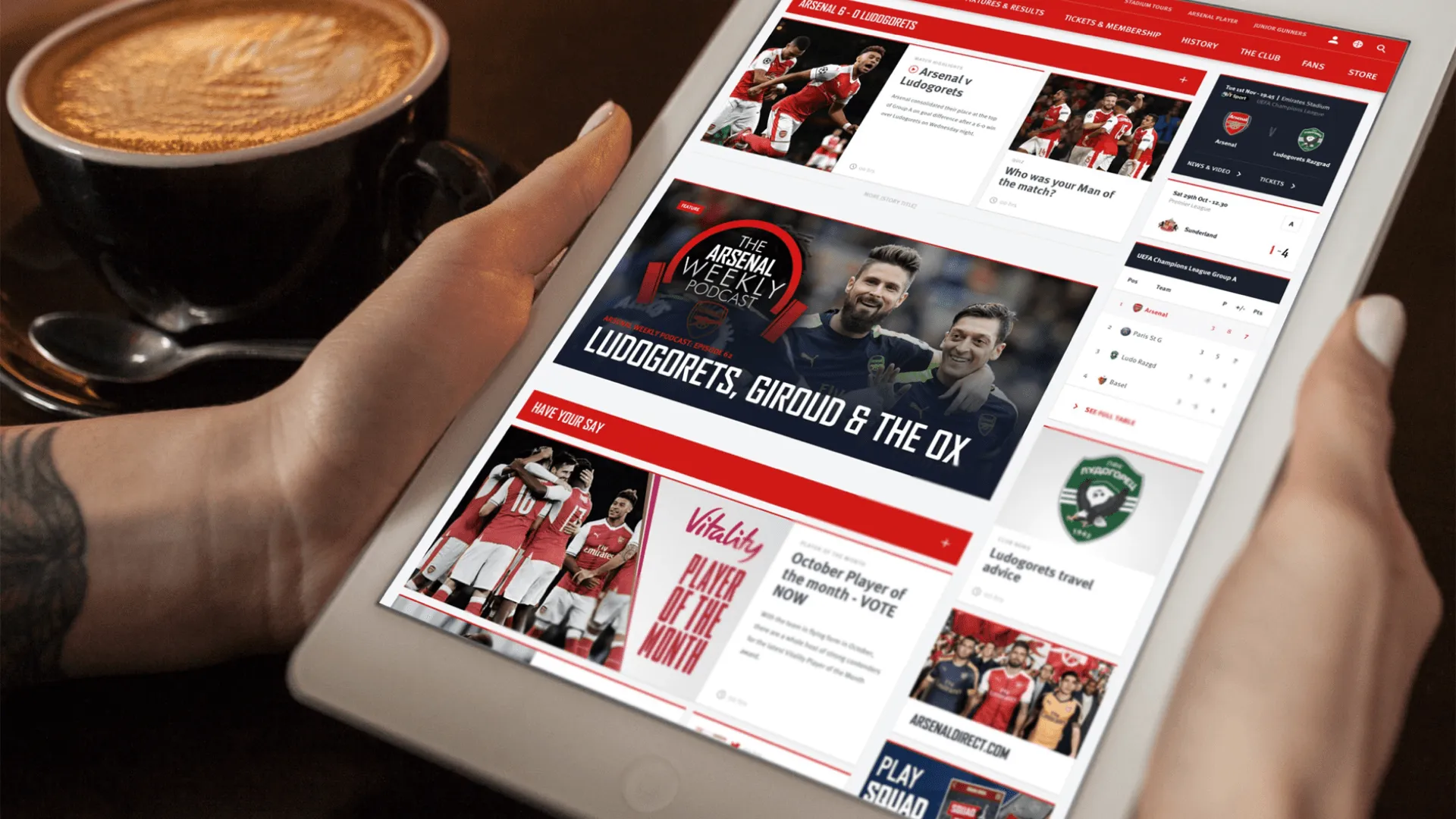 The new Arsenal website being navigated on a tablet