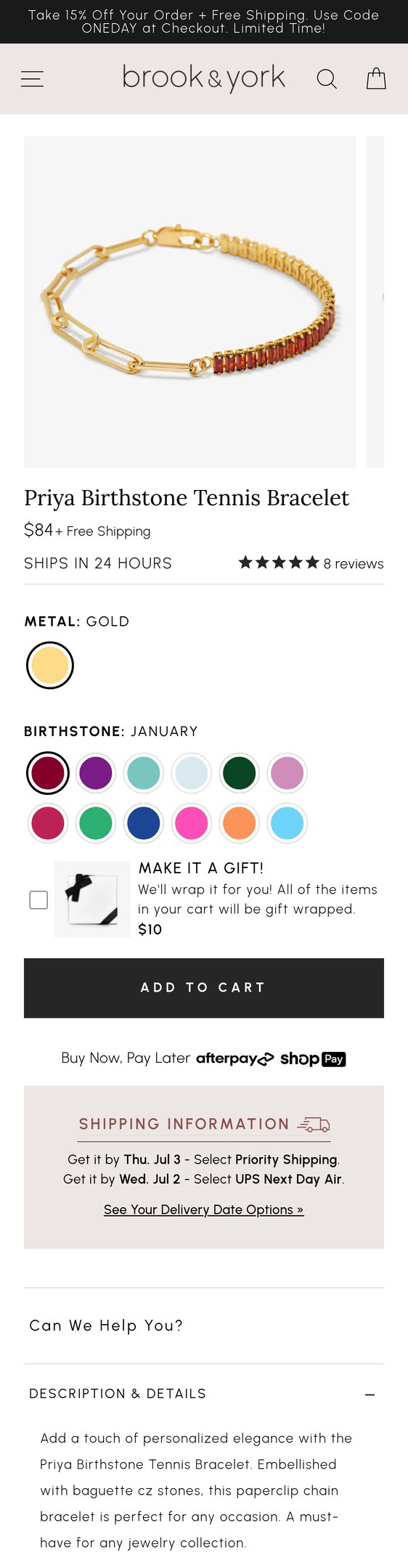 Jewelry product options include: bracelet, birthstone for Priya Birthstone Tennis Bracelet from Brook & York.