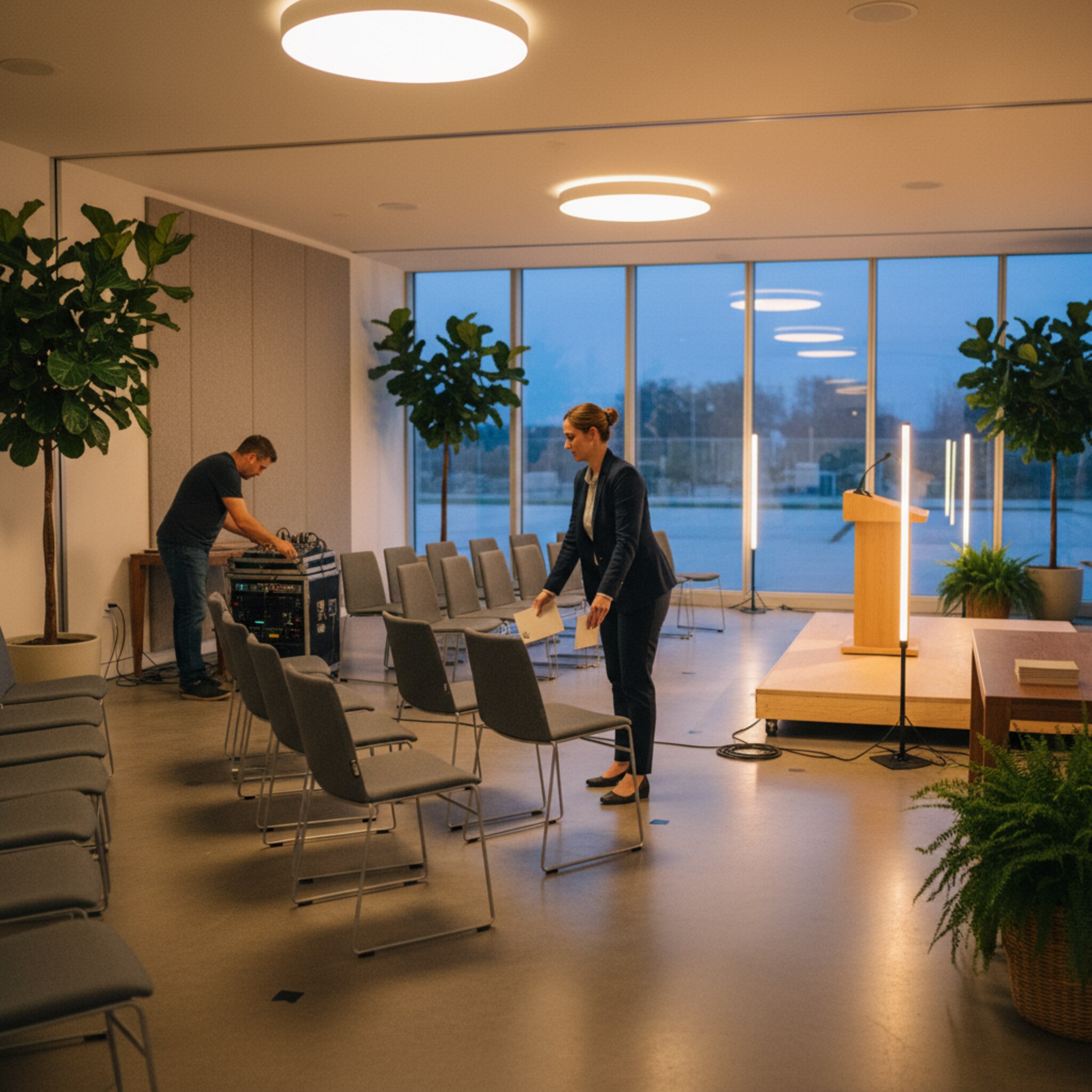 Eine flexible Eventfläche wird für ein abendliches Seminar hergerichtet. Reihen aus schlanken Stühlen entstehen, eine mobile Bühne erhält letzte Anpassungen, dezent arrangierte Pflanzen rahmen die Fläche. Ein Techniker prüft akustische Elemente, während goldenes Licht die Szene weich einfärbt. Alles wirkt geordnet, großzügig und einladend.