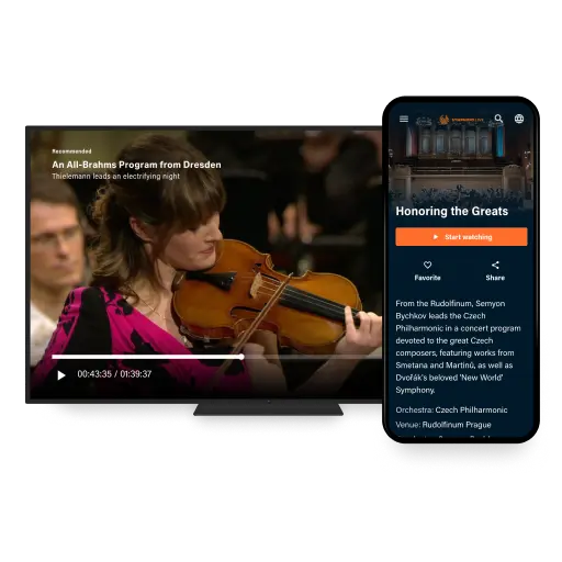 A smartphone and a television screen showcasing the Symphony interface, a platform for classical music enthusiasts.