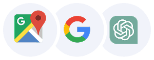 Three circular icons show the Google logo, a storefront icon representing Google My Business, and the OpenAI logo, all set against a white background.