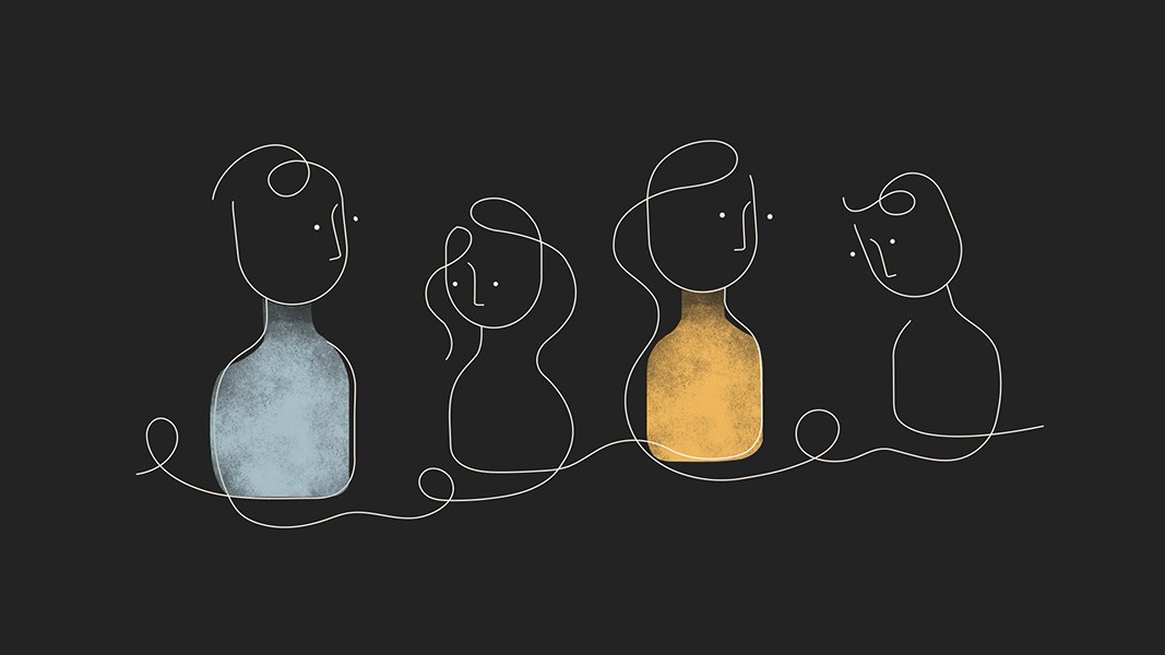 The image shows four stylized figures seated in a row on a dark background. Each figure is constructed from simple lines and curves, giving them a minimalist aesthetic. The leftmost figure is rendered in a light blue-gray gradient and has a curved line extending from its head. The middle figure is primarily orange with a gradient that lightens towards the bottom. The rightmost figure is primarily black and has a curved line extending from its head. All figures face forward, and their lines are thin and consistent in thickness. The figures are connected by curved lines that form a continuous chain-like structure along the row. The dark background provides a stark contrast, making the figures stand out prominently.