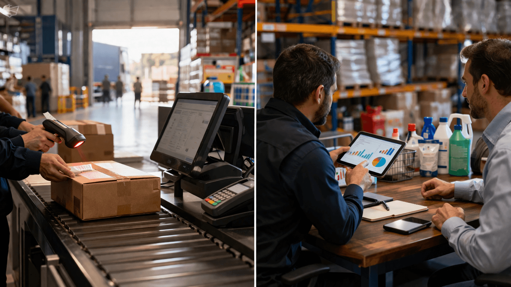 Imagem em formato 16:9 com estilo realista em 3D, mostrando um armazém dividido em dois ambientes. De um lado, um fluxo operacional com caixas passando por uma esteira e sendo escaneadas, representando venda transacional. Do outro, uma mesa com produtos e um tablet exibindo gráficos, indicando análise e tomada de decisão, representando venda consultiva. Não há pessoas nem texto na imagem.