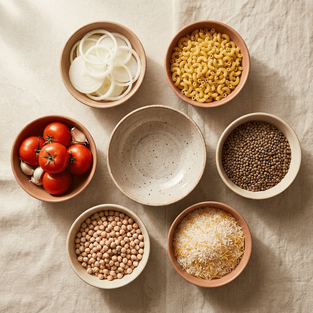 Koshary ingredients flat lay with rice, lentils, pasta, chickpeas, tomatoes, and onions in bowls