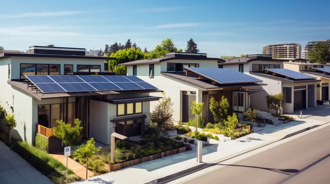 Net-zero residential development with solar panels and front yard gardens in suburban neighborhood