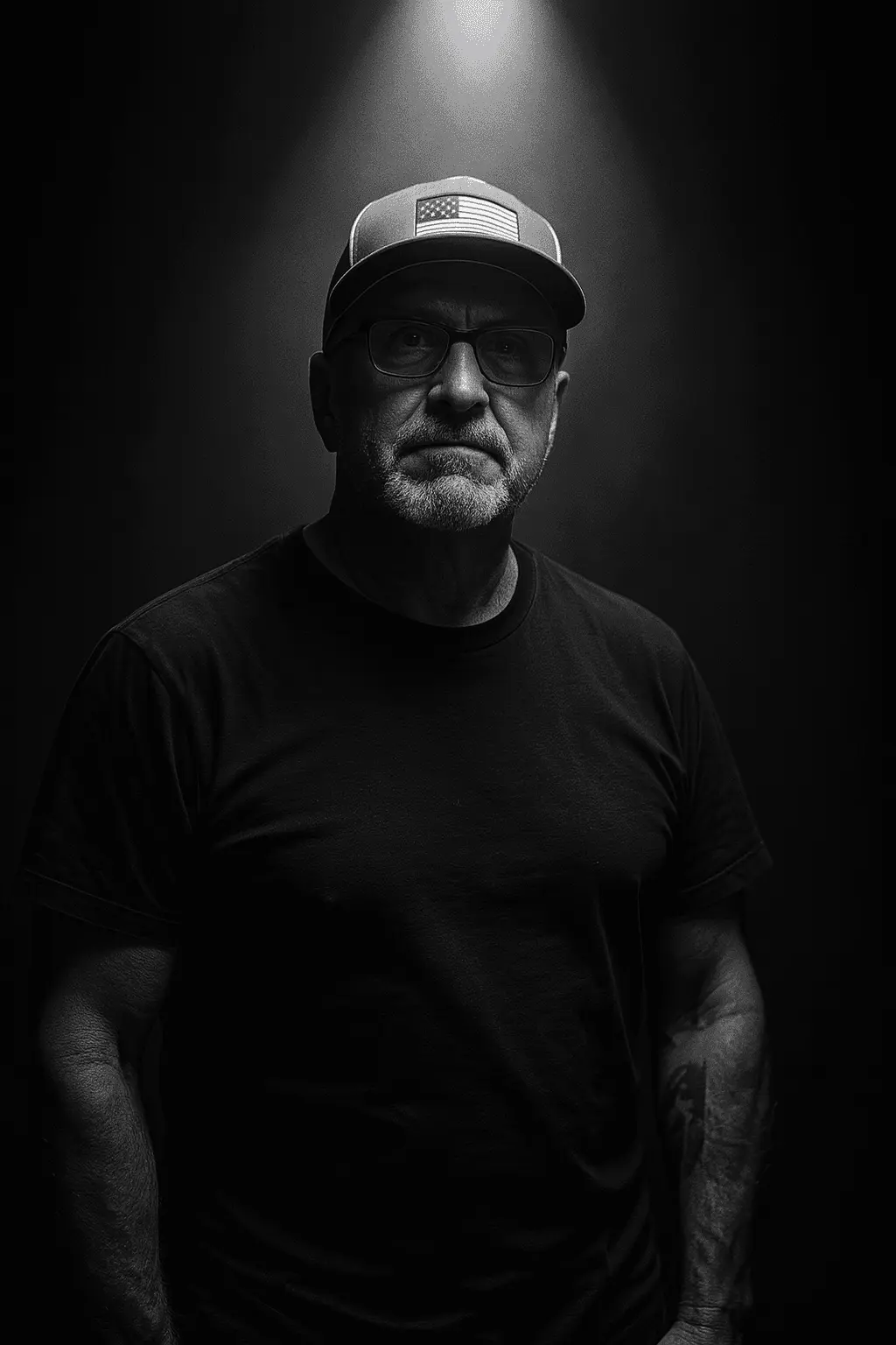 moody image of middleclick owner with light shining down from above