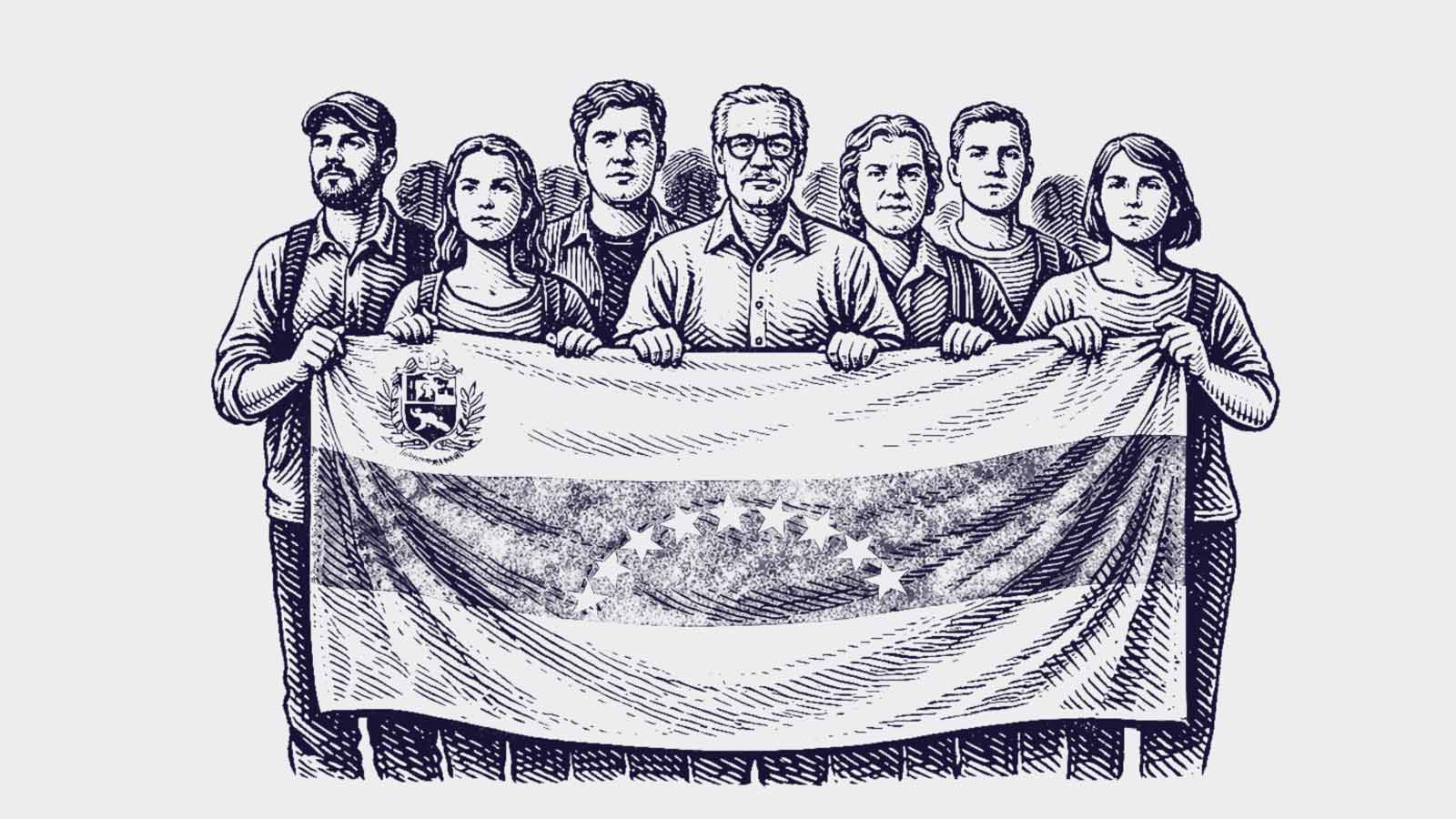 Ilustración de personas de distintas edades que sostienen una bandera venezolana en la carta al director El derecho, entre la norma y la realidad de IdeaPaís.