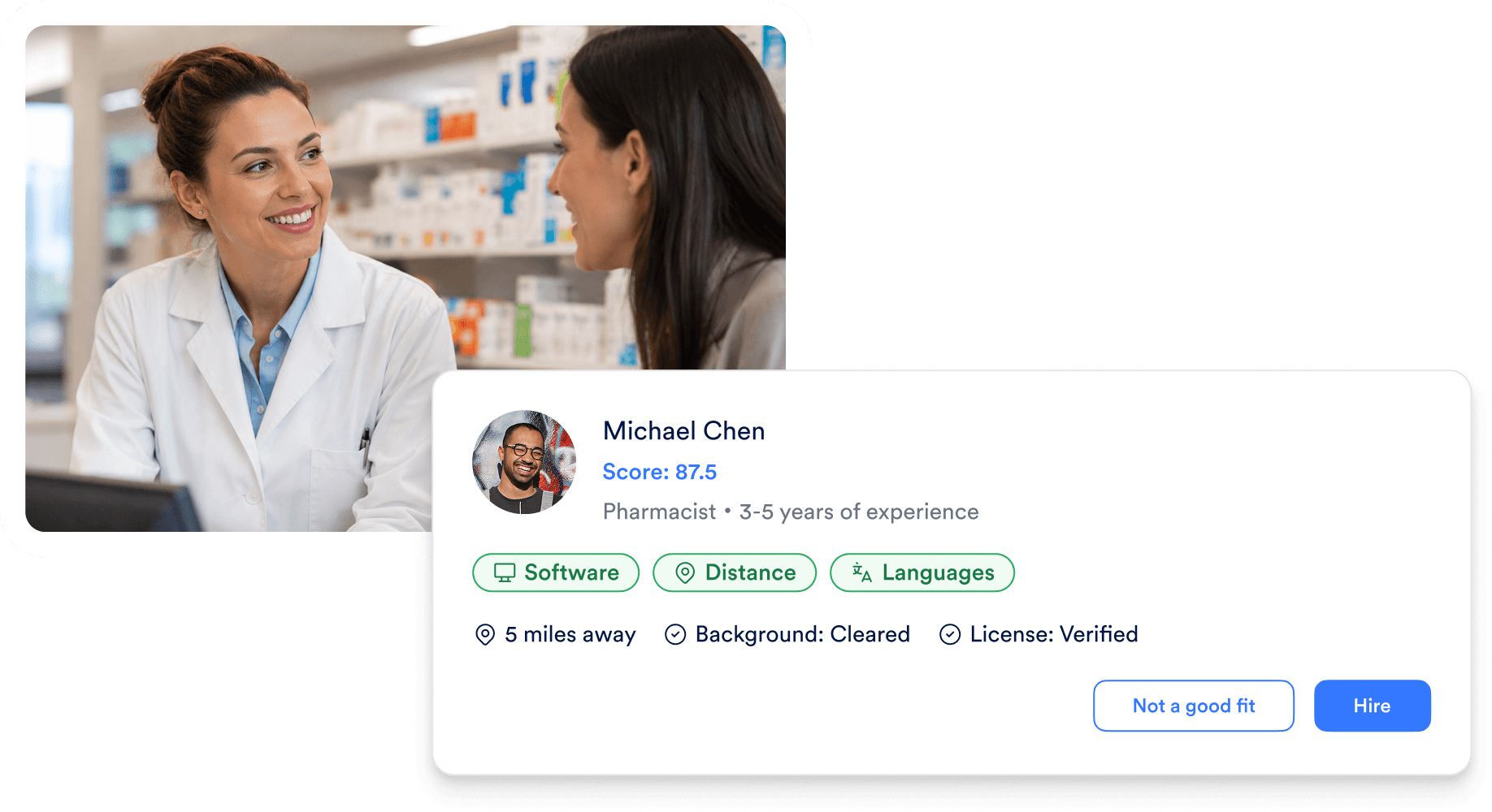 female pharmacist reaching for medication on shelf & applicant review card