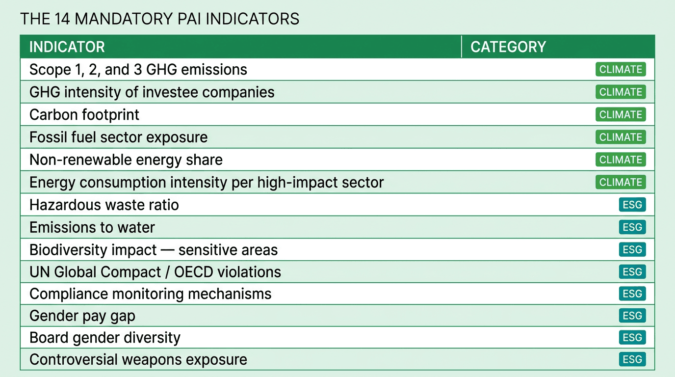 The 14 mandatory PAI indicators under SFDR, split into six climate-related and eight broader ESG categories
