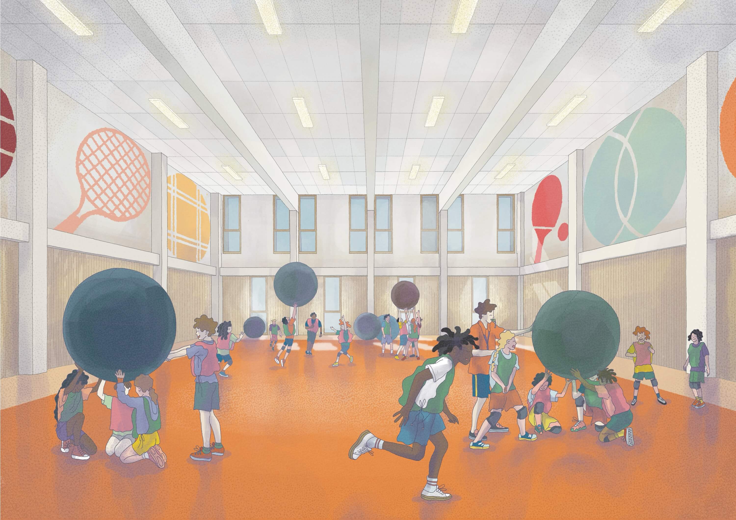 Colorful gymnasium scene with children playing basketball and large decorative spheres on the floor. Bright, energetic atmosphere.