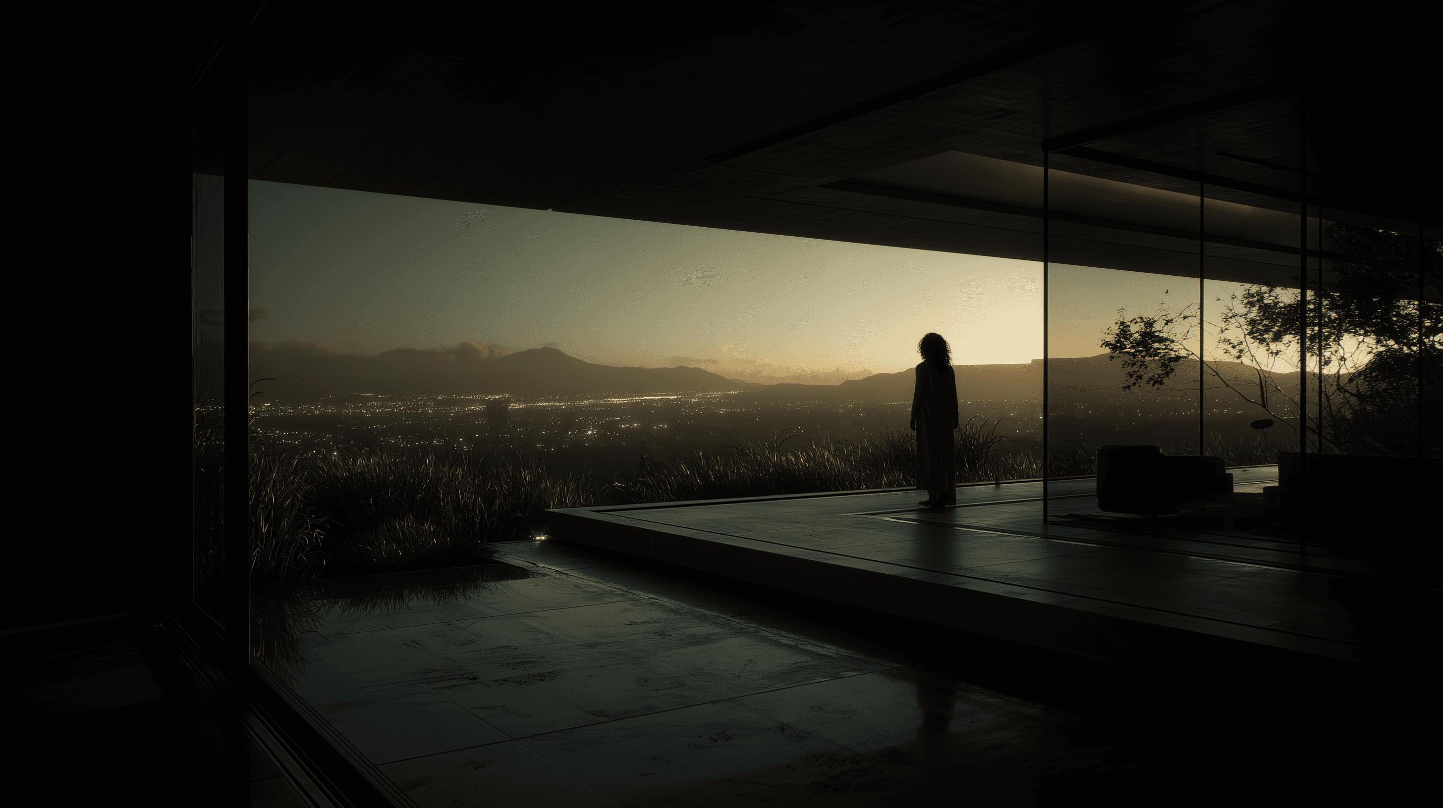 A woman with short, wavy brown hair sits on a beige sofa in a modern living room, wearing a light blue shirt and maroon pants, looking directly at the camera.