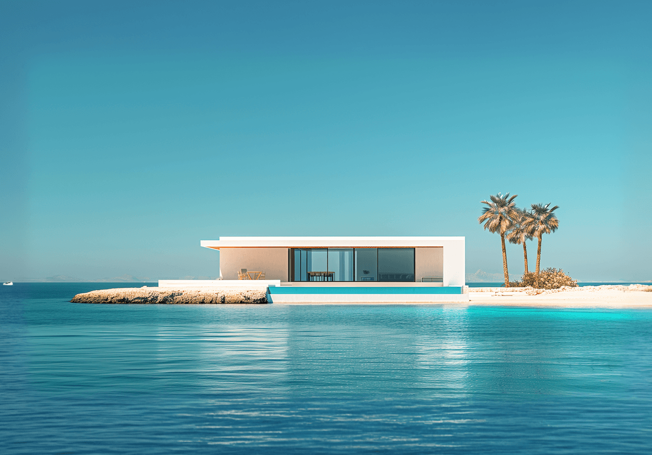 A white house situated on an island surrounded by the vast ocean, showcasing a serene coastal landscape.