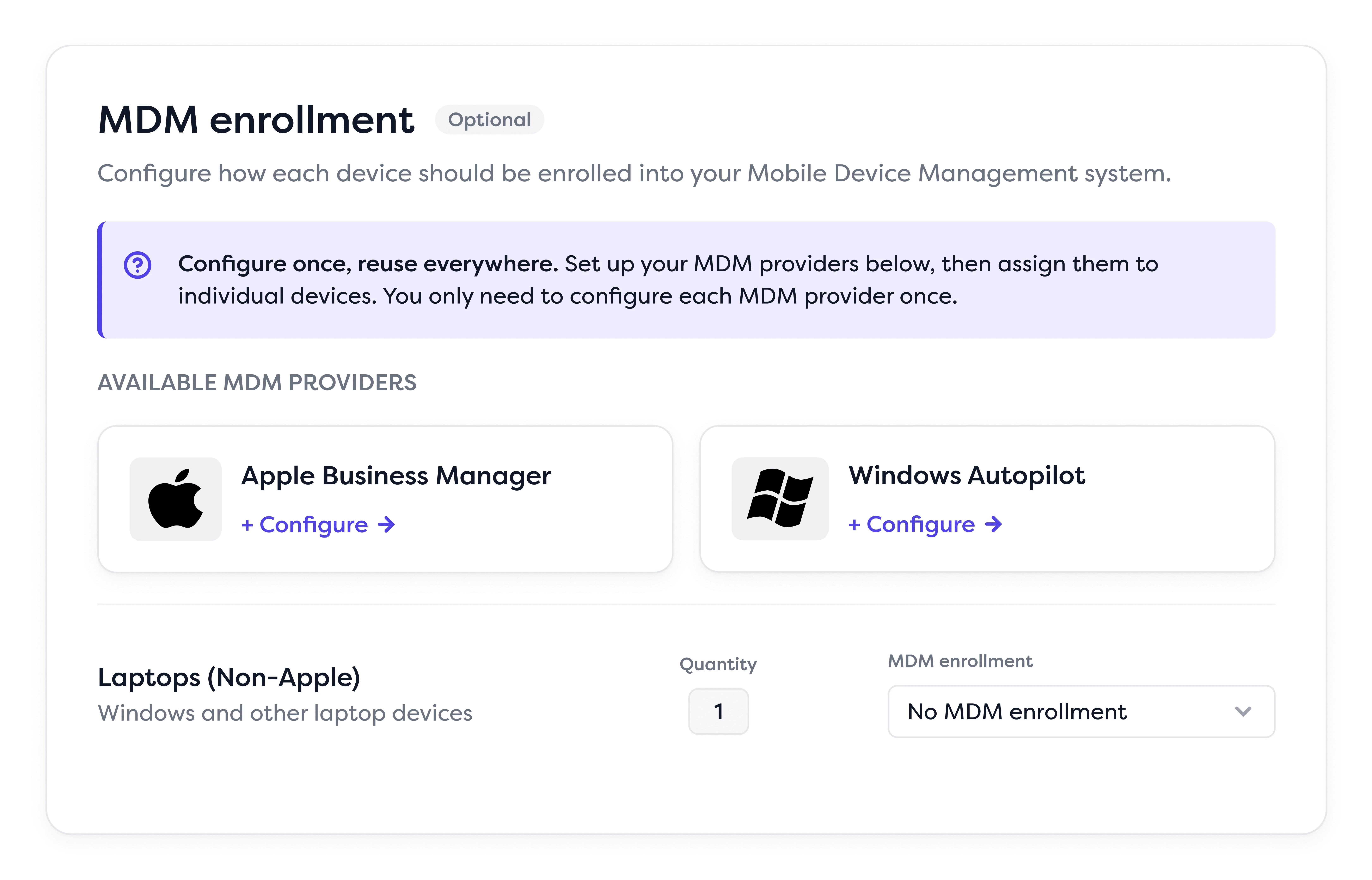 MDM enrollment window in the dashboard