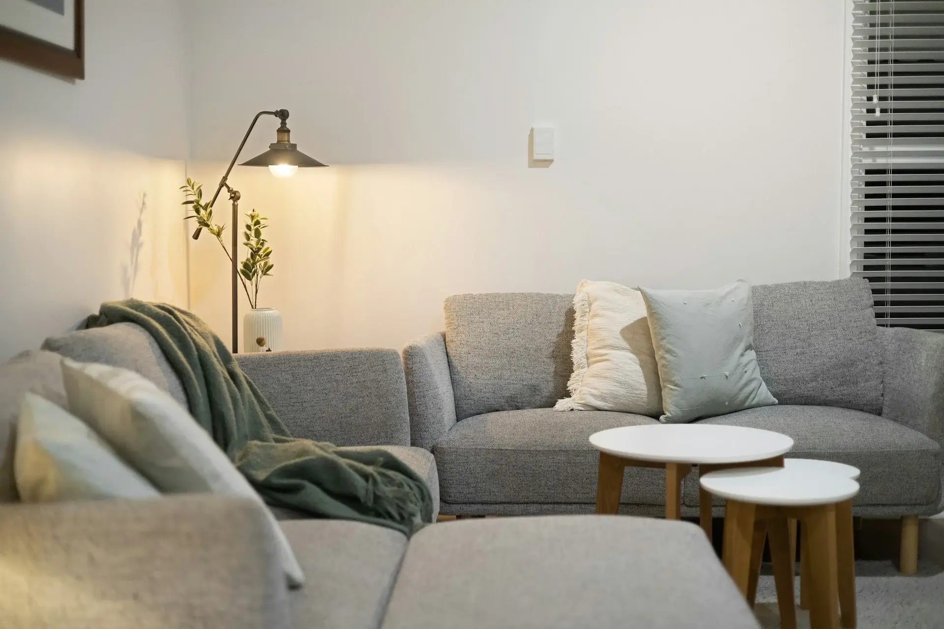 Cozy living room with gray sofa, floor lamp, and neutral decor.