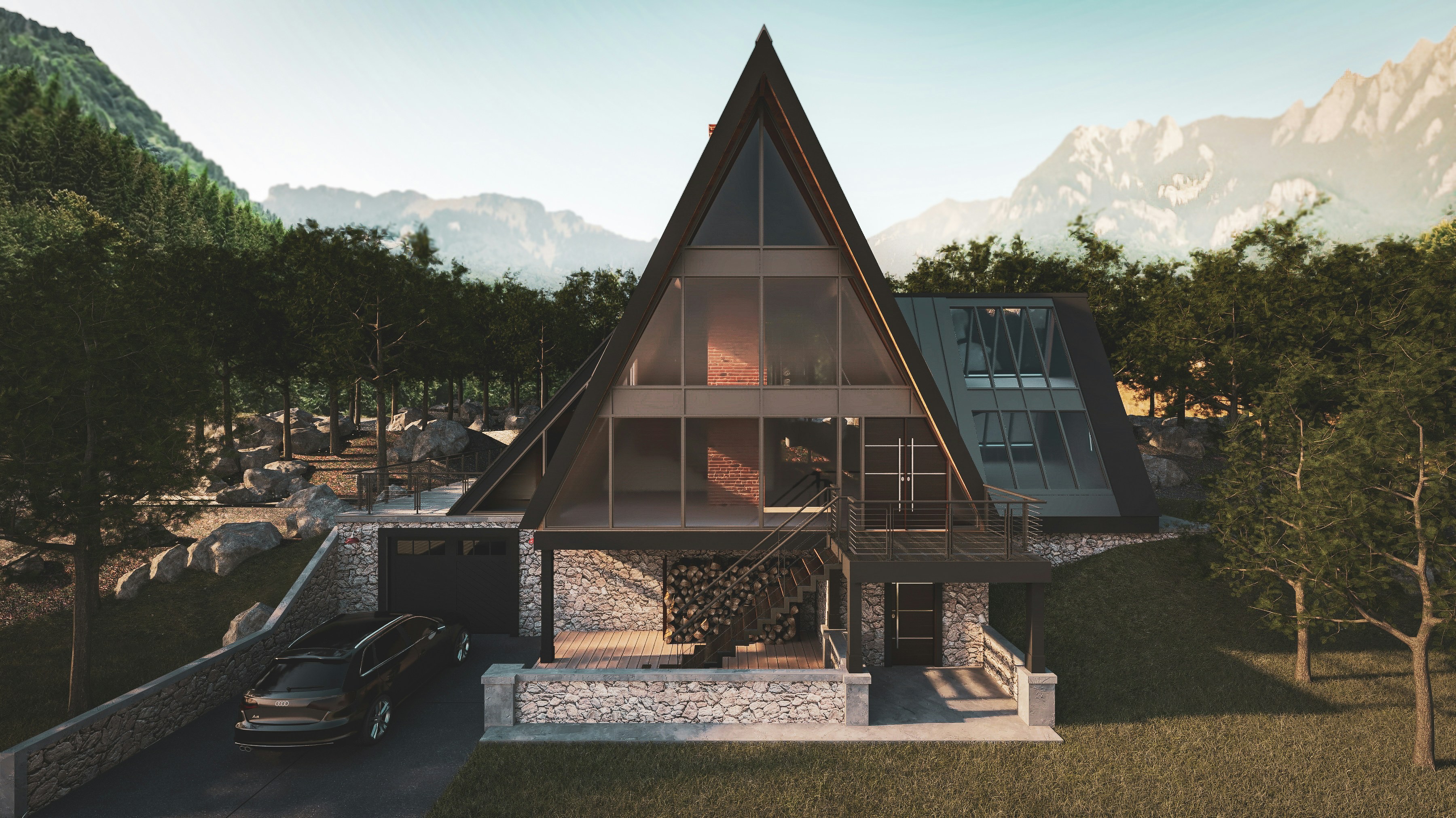 Front exterior render of a modern A-frame cabin surrounded by trees, stone walls, mountains, and soft daylight.