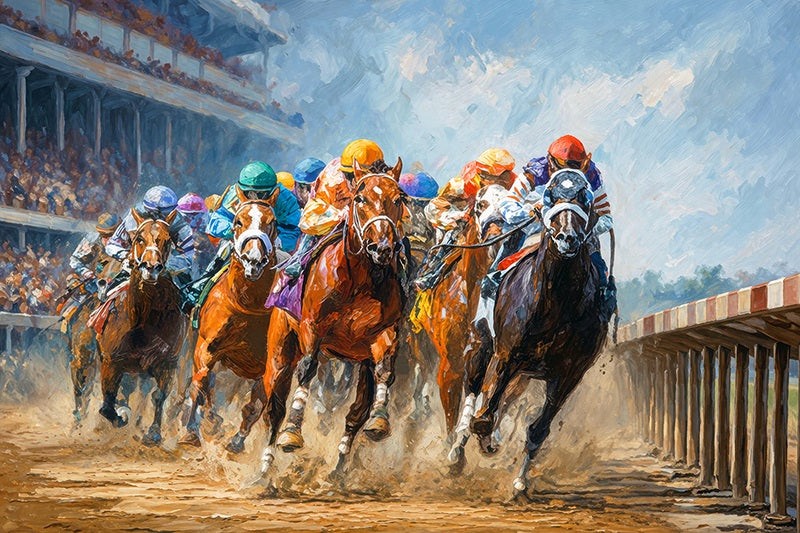 This impressionistic horse racing artwork captures the raw power and beauty of thoroughbred athletes running for the win.
