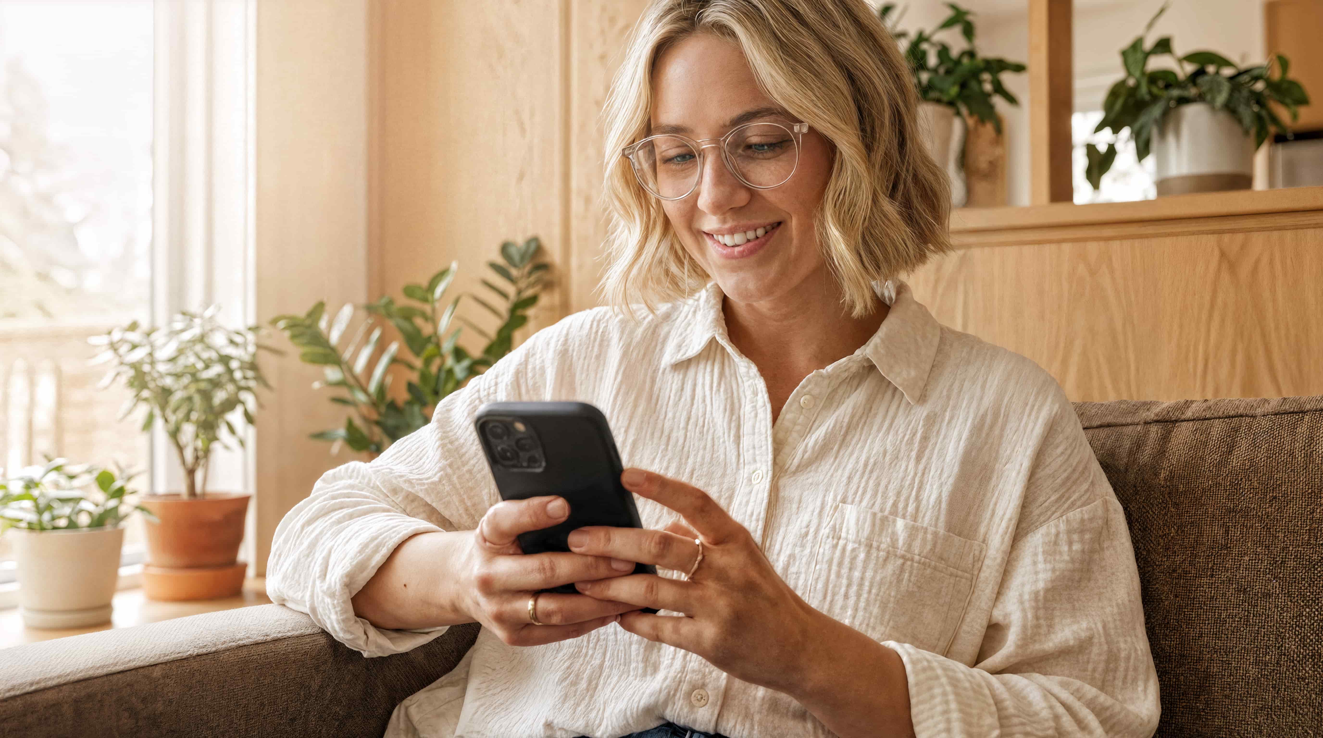 Woman smiling at smartphone while sitting on sofa with indoor plants nearby.