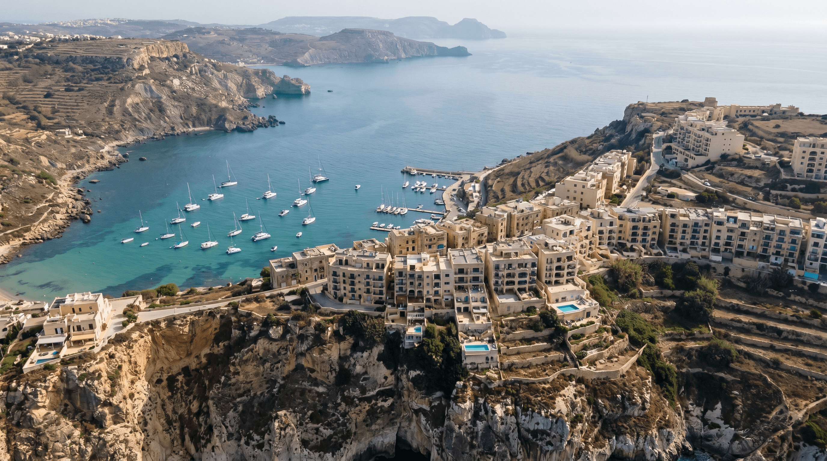 Cinematic aerial drone view of the Athens Riviera coastline at golden hour sunset, with modern luxury white residential apartment buildings perched along the cliffs above the deep blue Aegean Sea and white sailing yachts in the bay — international buyer acquisition for Greek property