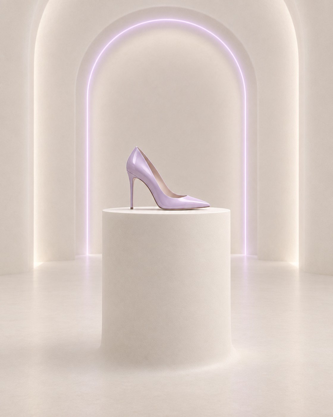 Lilac stiletto on a plinth in an arched showroom
